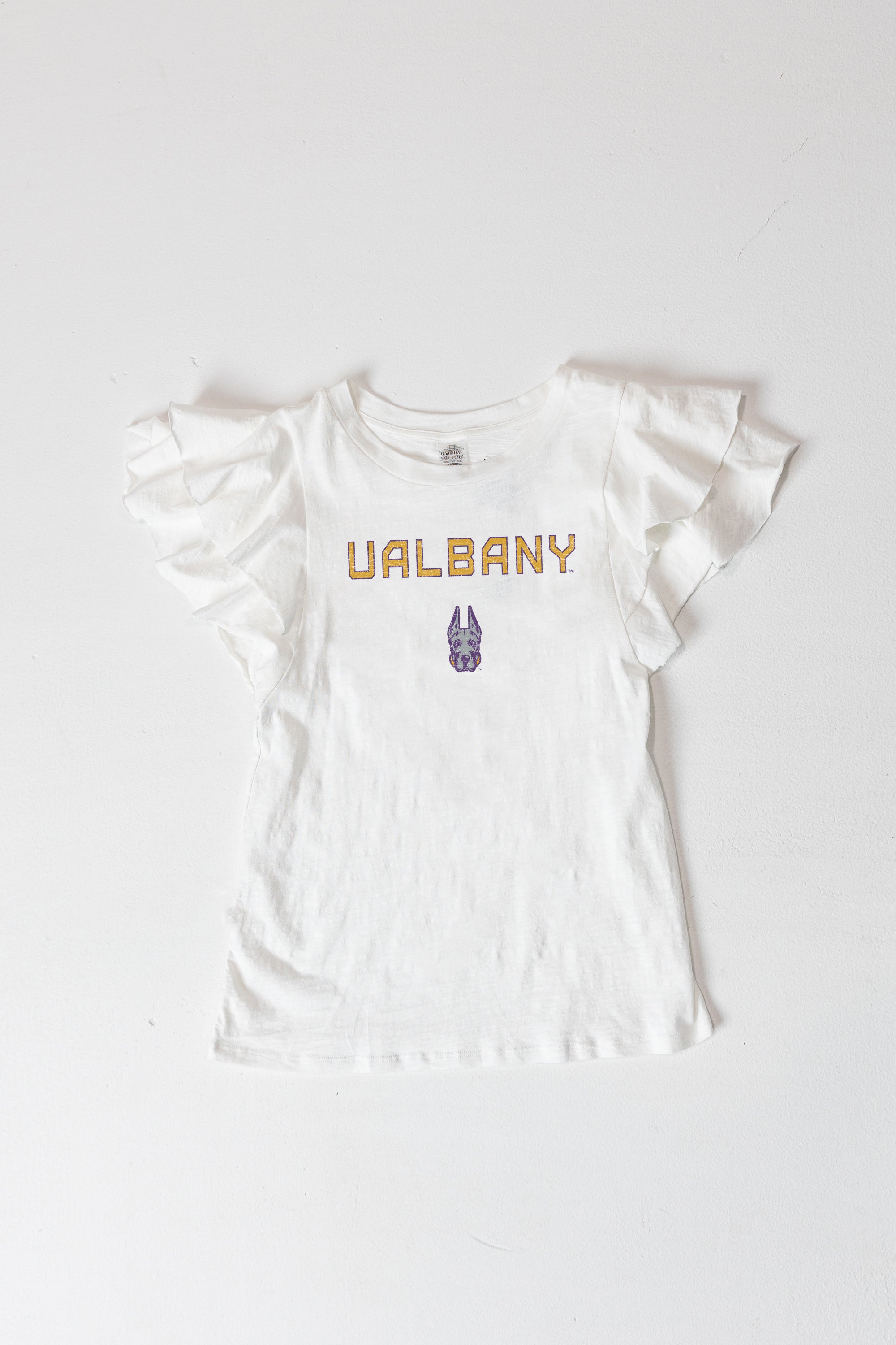 ALBANY GREAT DANES ALL IN TO WIN FLUTTER SLEEVE CREWNECK TOP