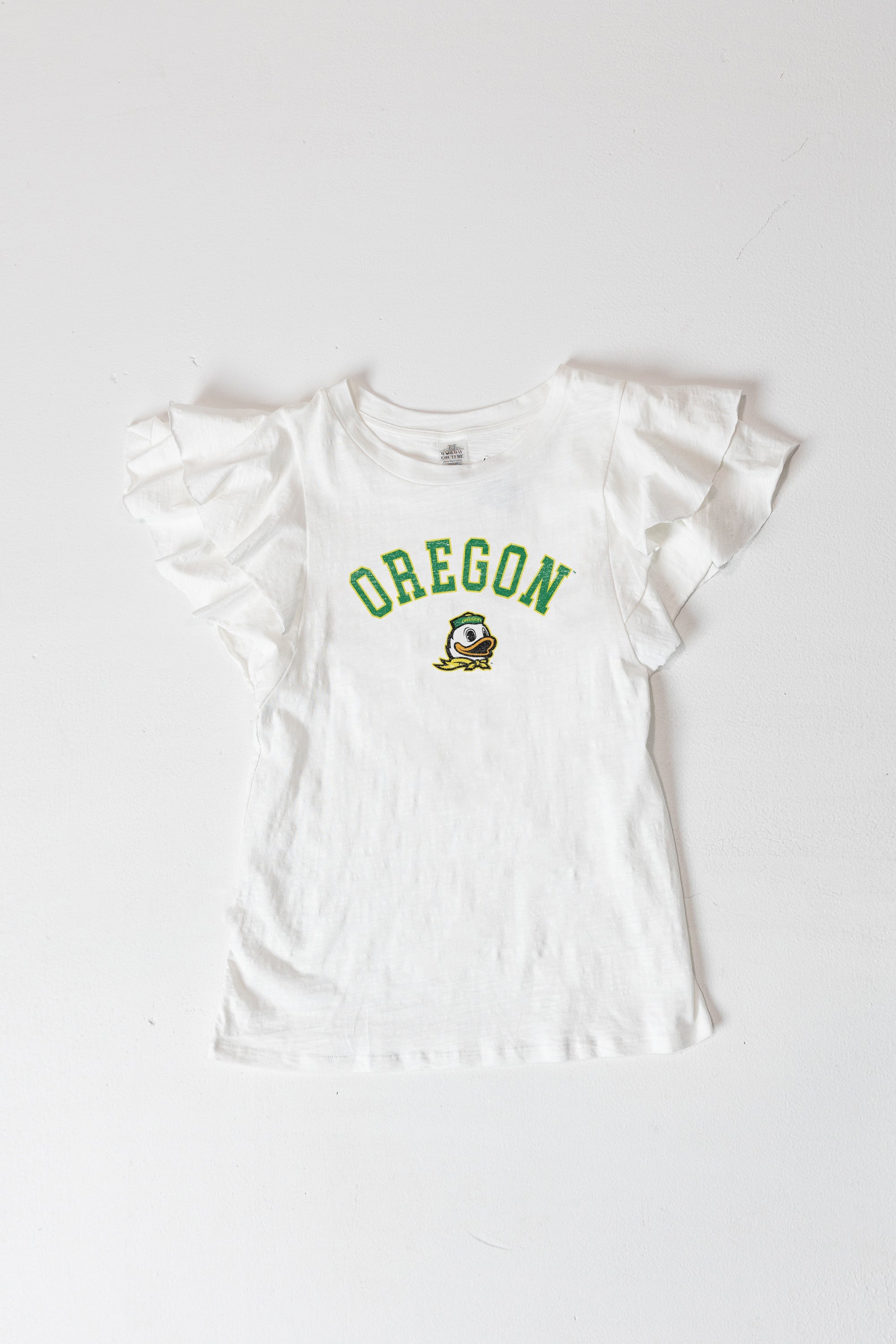 OREGON DUCKS ALL IN TO WIN FLUTTER SLEEVE CREWNECK TOP