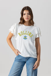 White Rollins College Tars ALL IN TO WIN Flutter Sleeve Crewneck Top - Front On Model | Gameday Couture - SOHO