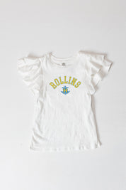 White Rollins College Tars ALL IN TO WIN Flutter Sleeve Crewneck Top - Flat Lay | Gameday Couture - SOHO