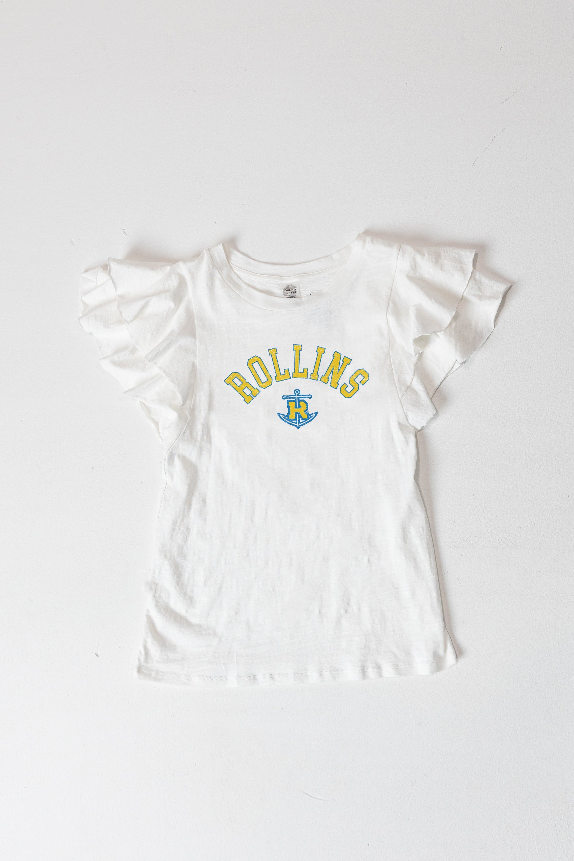 White Rollins College Tars ALL IN TO WIN Flutter Sleeve Crewneck Top - Flat Lay | Gameday Couture - SOHO