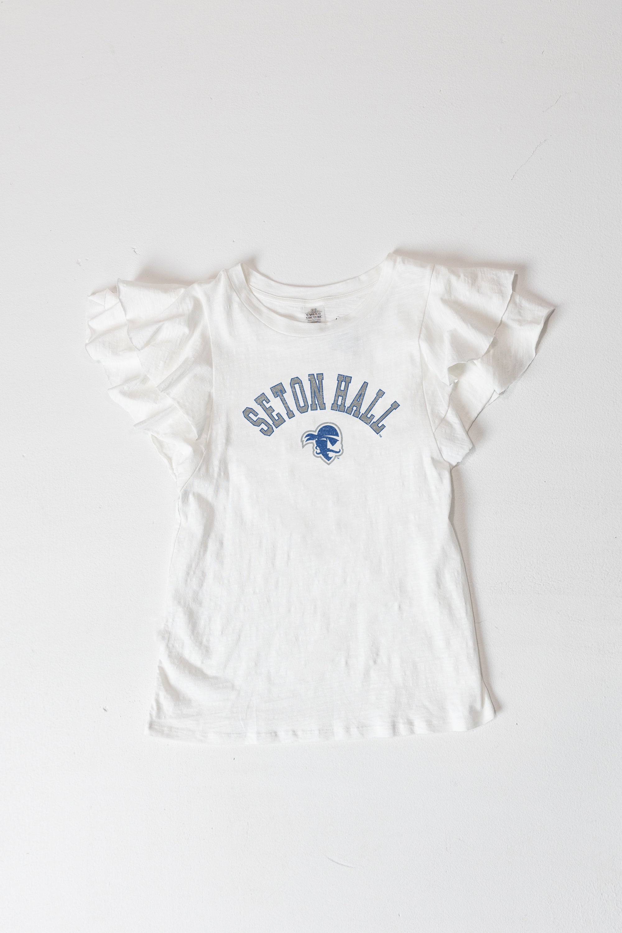 SETON HALL PIRATES ALL IN TO WIN FLUTTER SLEEVE CREWNECK TOP