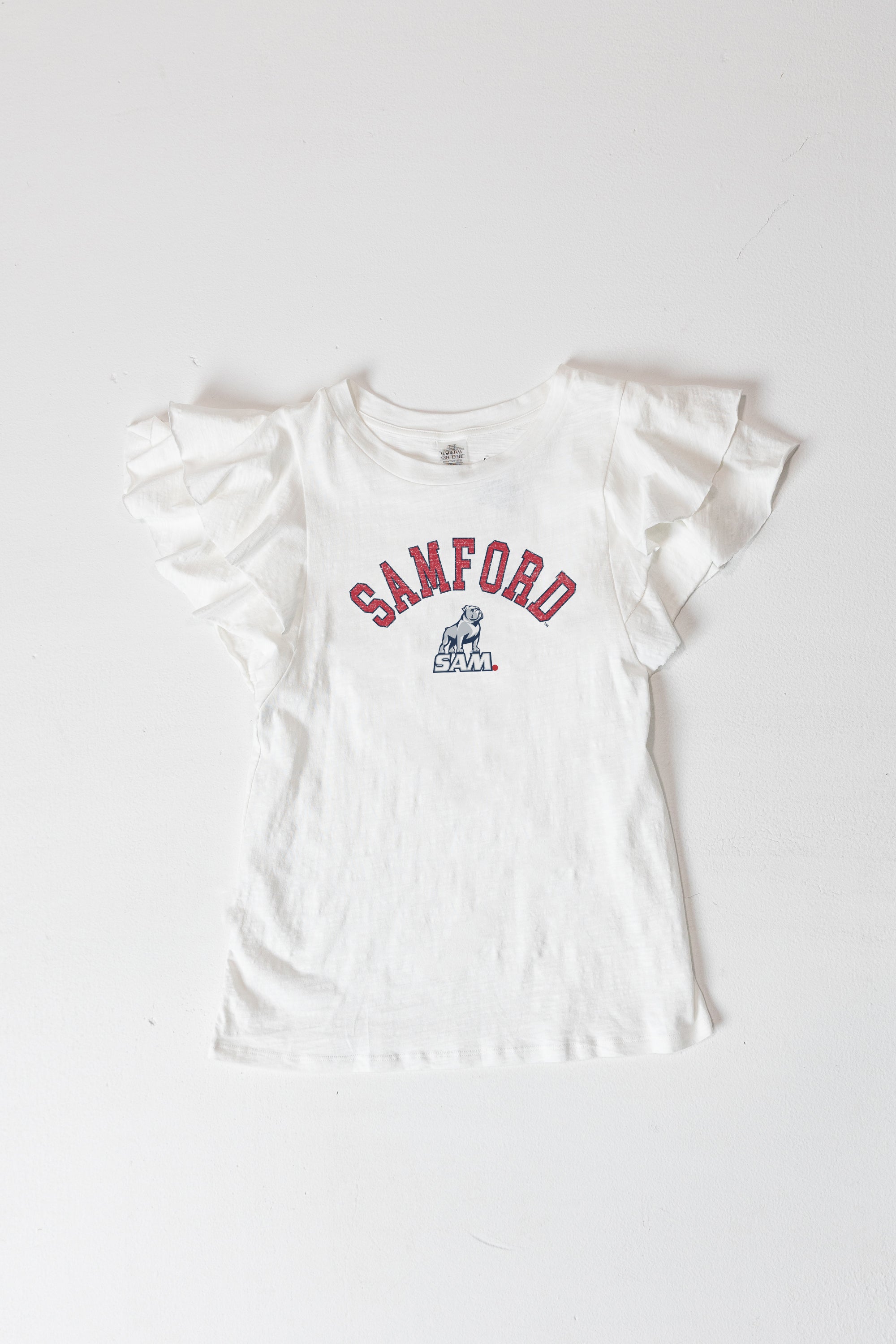 SAMFORD BULLDOGS ALL IN TO WIN FLUTTER SLEEVE CREWNECK TOP