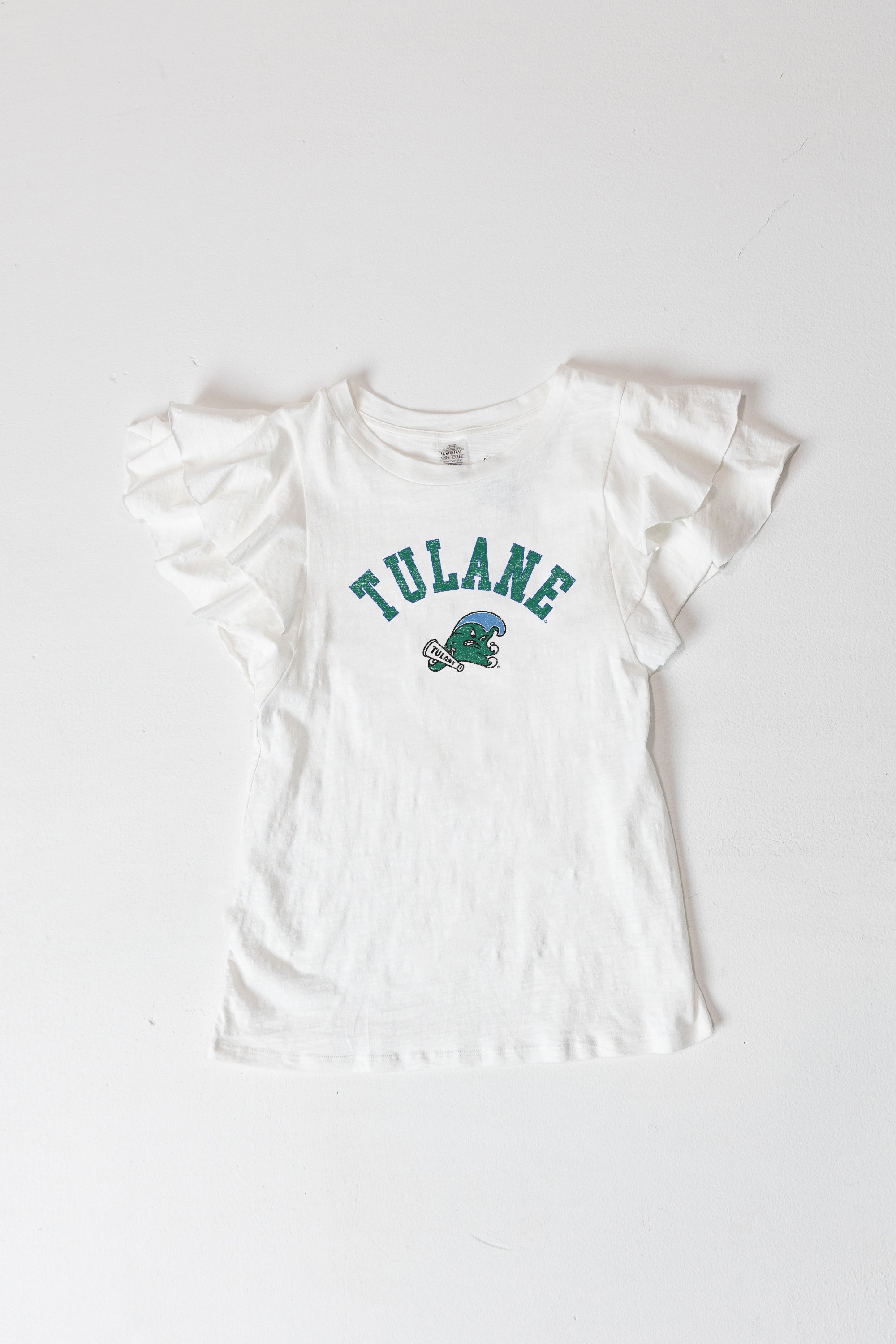 TULANE GREEN WAVE ALL IN TO WIN FLUTTER SLEEVE CREWNECK TOP