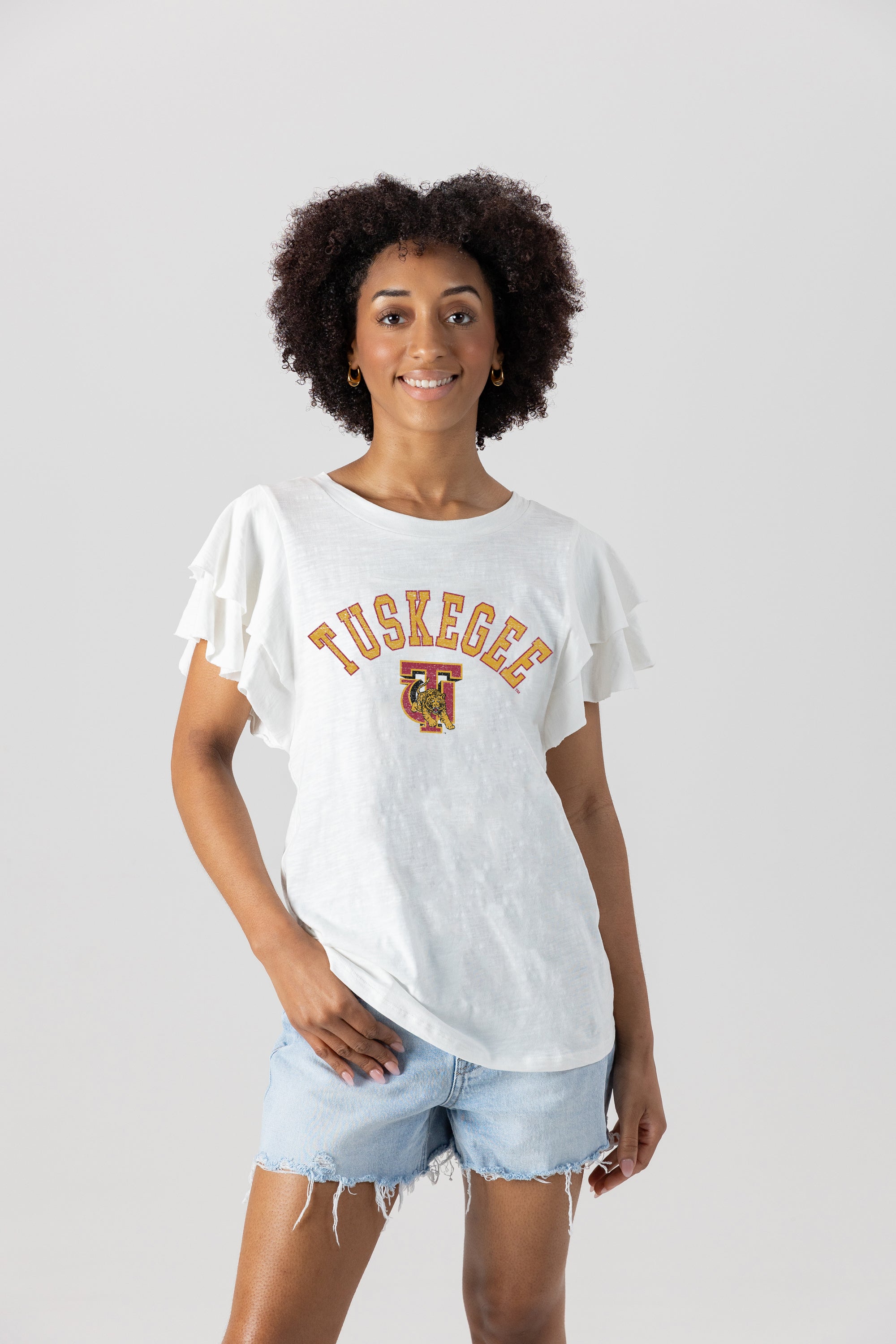 TUSKEGEE GOLDEN TIGERS ALL IN TO WIN FLUTTER SLEEVE CREWNECK TOP