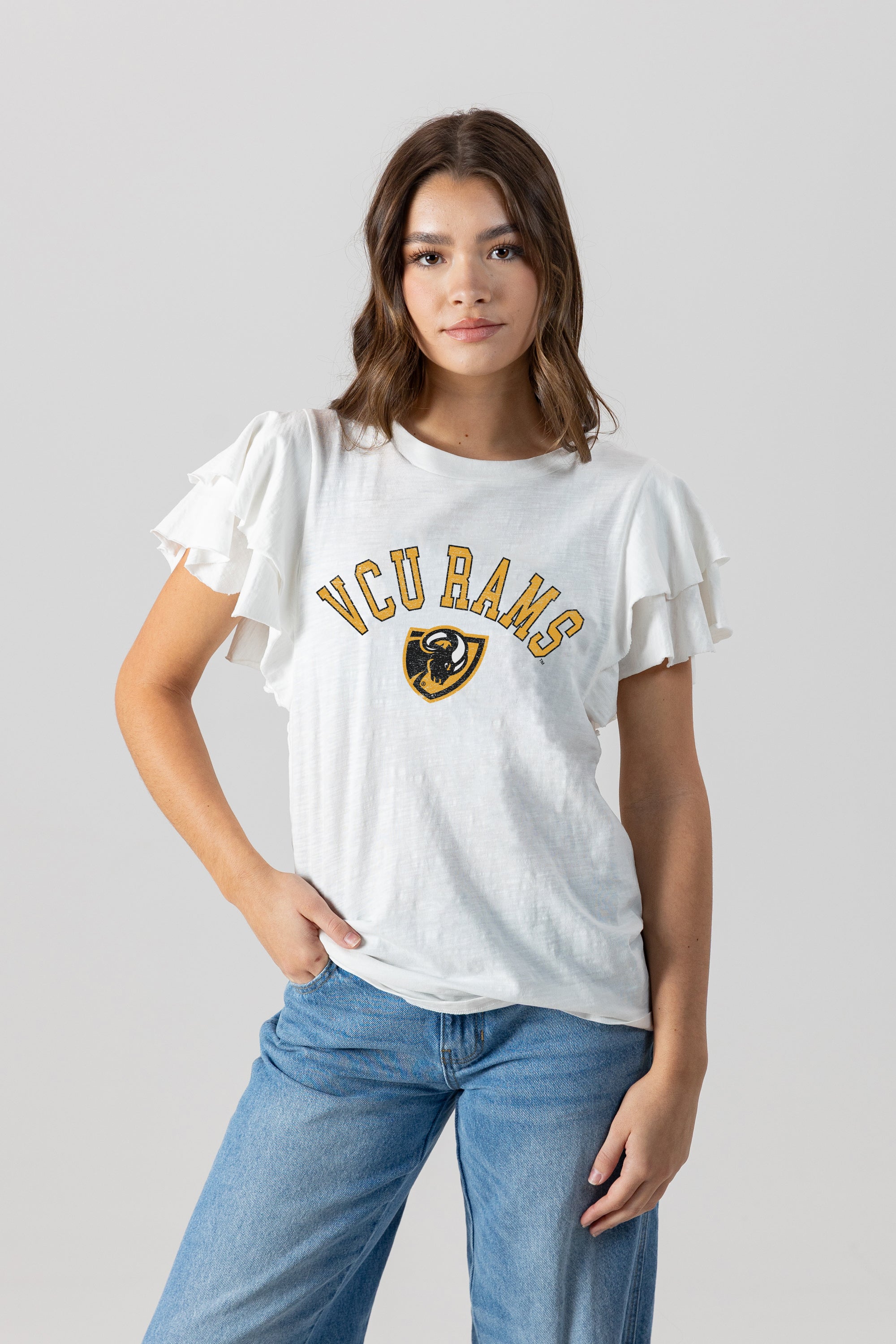VIRGINIA COMMONWEALTH RAMS ALL IN TO WIN FLUTTER SLEEVE CREWNECK TOP