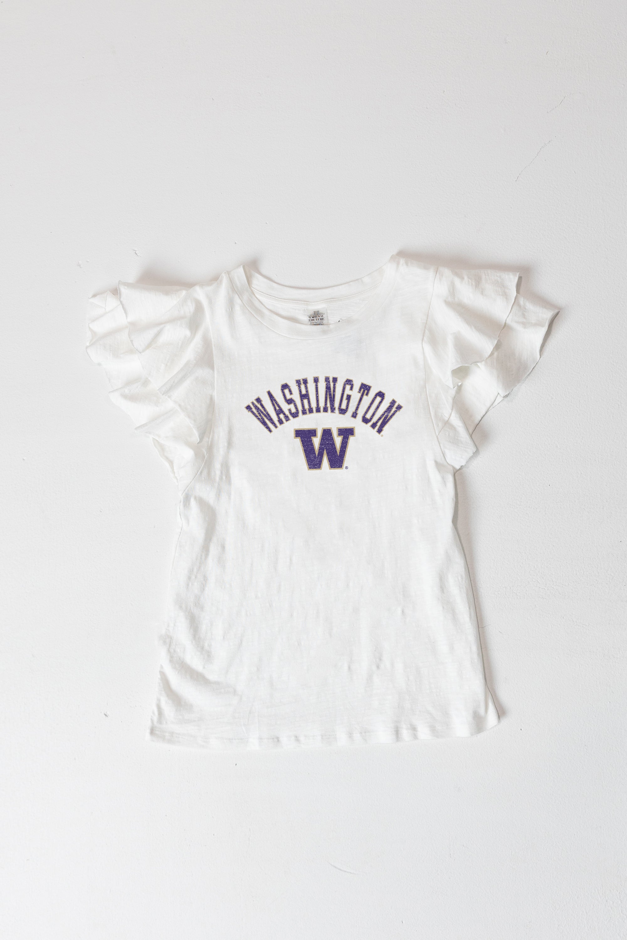 WASHINGTON HUSKIES ALL IN TO WIN FLUTTER SLEEVE CREWNECK TOP