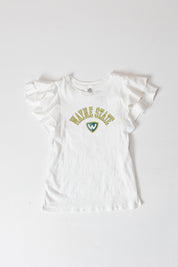WAYNE STATE WARRIORS ALL IN TO WIN FLUTTER SLEEVE CREWNECK TOP