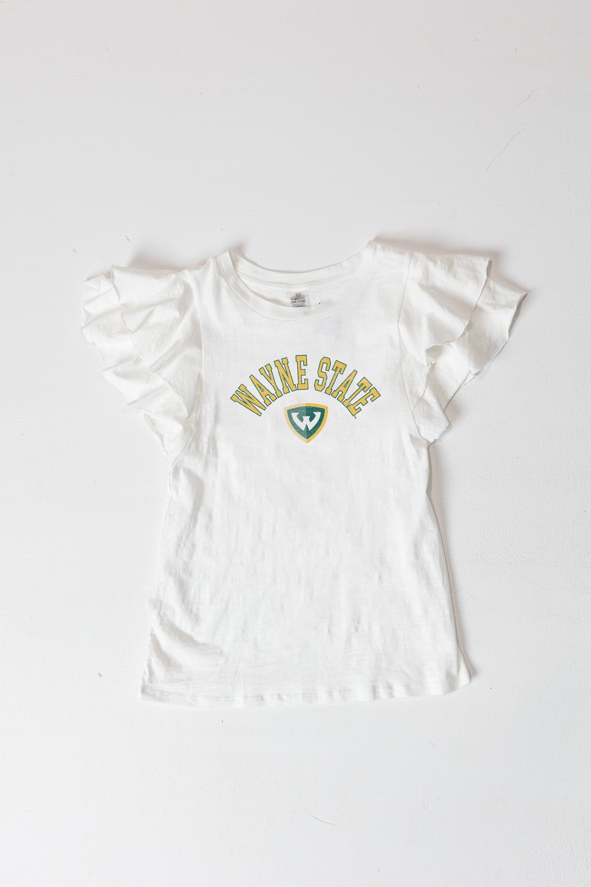 WAYNE STATE WARRIORS ALL IN TO WIN FLUTTER SLEEVE CREWNECK TOP