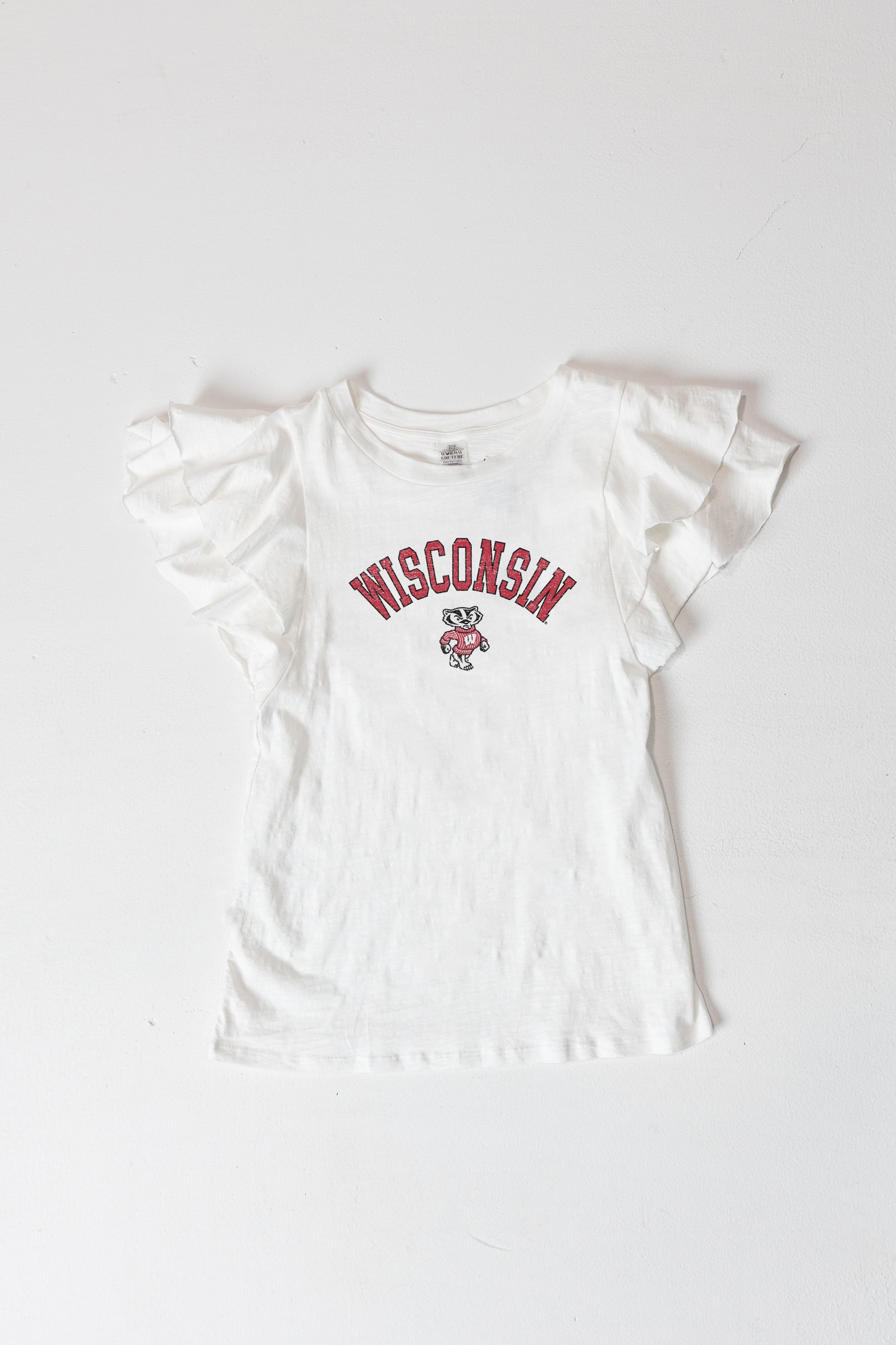 WISCONSIN BADGERS ALL IN TO WIN FLUTTER SLEEVE CREWNECK TOP