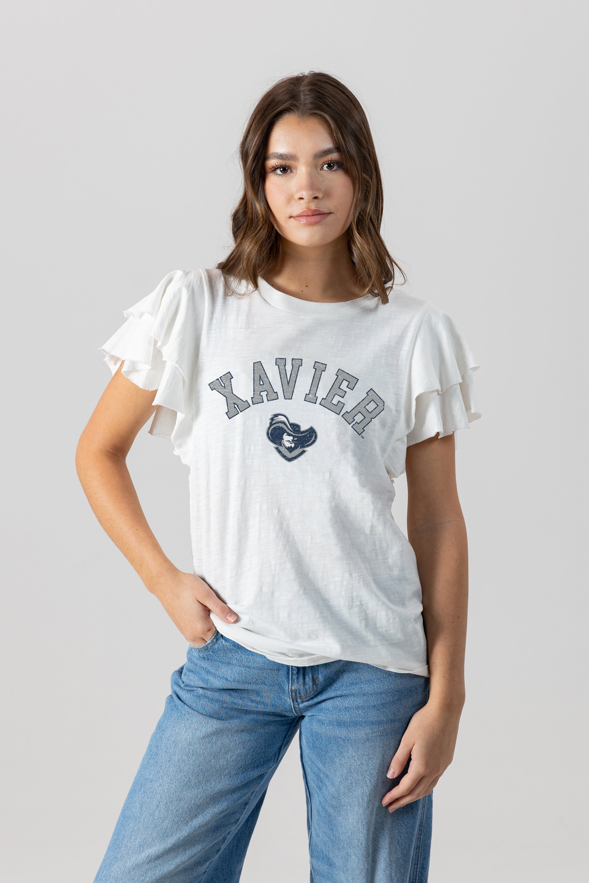 XAVIER MUSKETEERS ALL IN TO WIN FLUTTER SLEEVE CREWNECK TOP