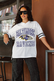 BALTIMORE RAVENS A STEP AHEAD SPORTY V-NECK OVERSIZED SIDE SLIT SHORT SLEEVE MESH TOP