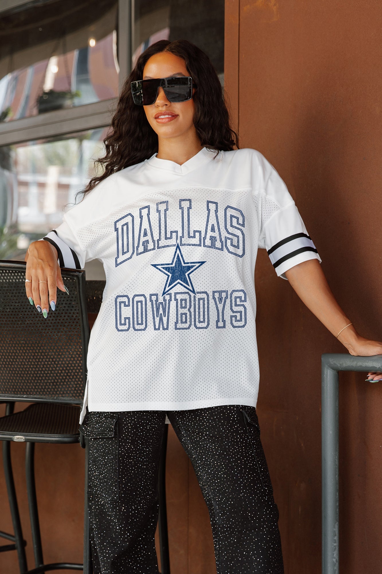 DALLAS COWBOYS A STEP AHEAD SPORTY V-NECK OVERSIZED SIDE SLIT SHORT SLEEVE MESH TOP
