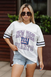 NEW YORK GIANTS A STEP AHEAD SPORTY V-NECK OVERSIZED SIDE SLIT SHORT SLEEVE MESH TOP