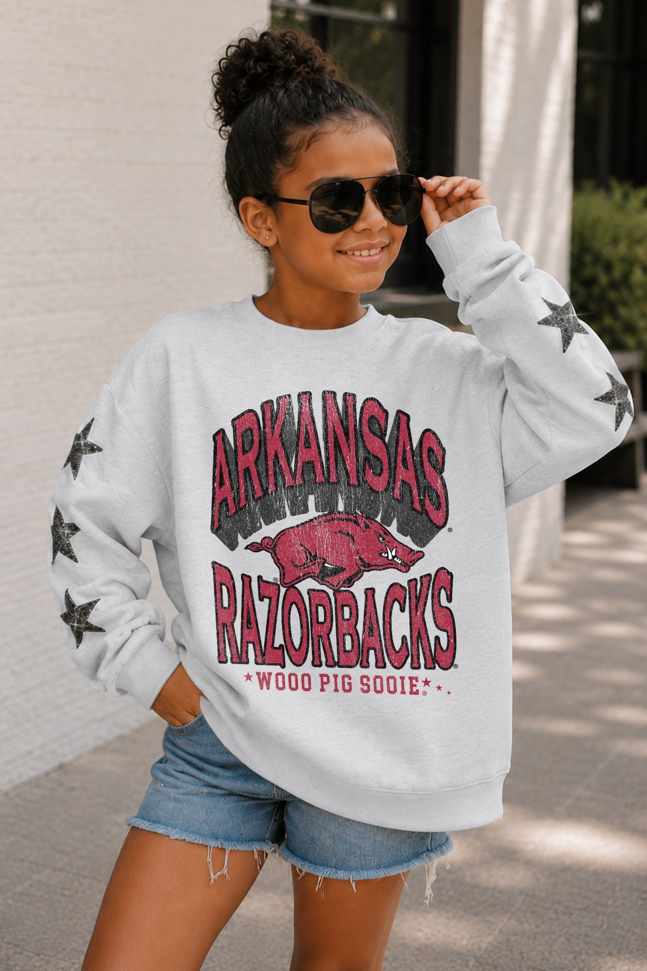 ARKANSAS RAZORBACKS KIDS STAR SLEEVE CREWNECK PULLOVER