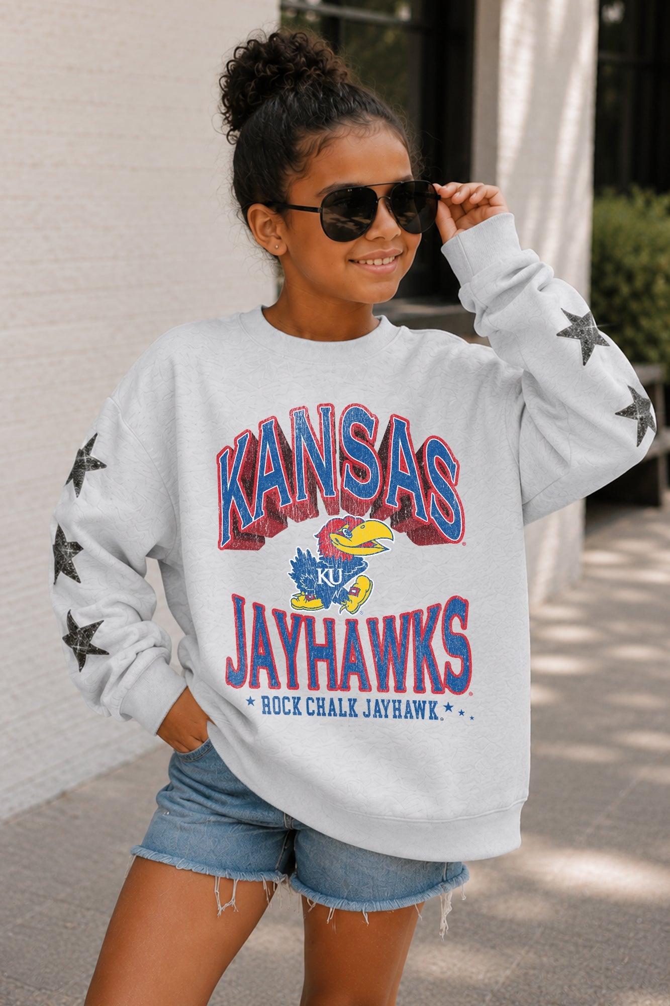 KANSAS JAYHAWKS KIDS STAR SLEEVE CREWNECK PULLOVER