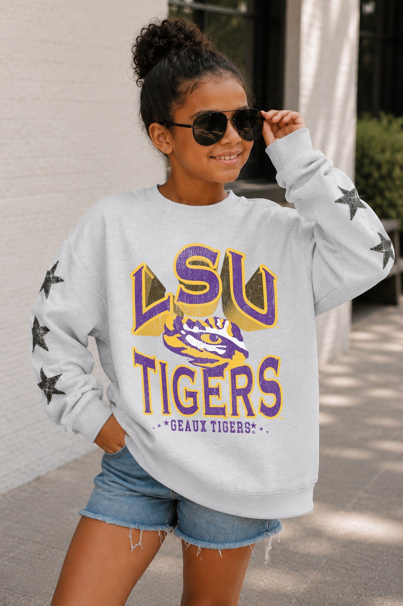 LSU TIGERS KIDS STAR SLEEVE CREWNECK PULLOVER