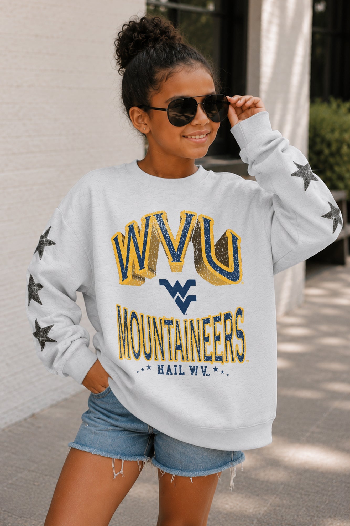 WEST VIRGINIA MOUNTAINEERS KIDS STAR SLEEVE CREWNECK PULLOVER