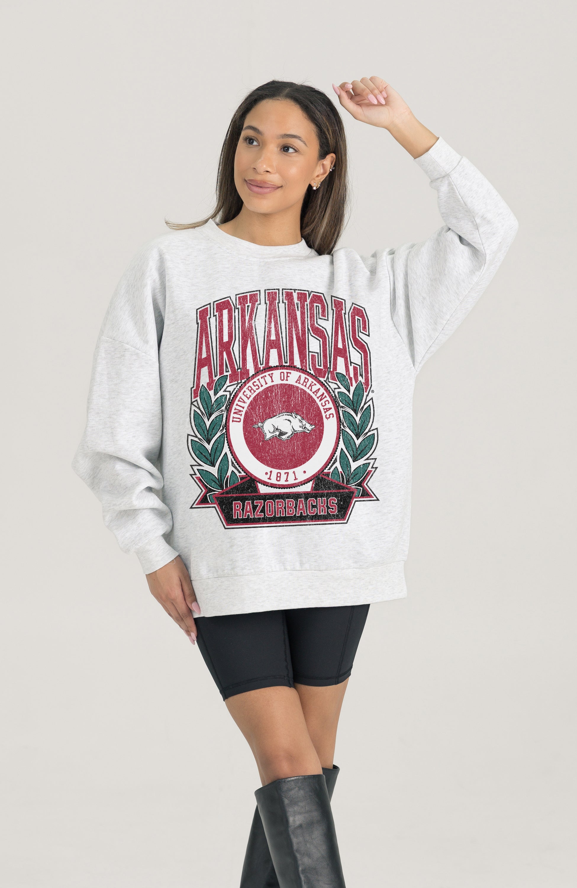 ARKANSAS RAZORBACKS HERITAGE PREMIUM FLEECE DROP SHOULDER CREWNECK PULLOVER