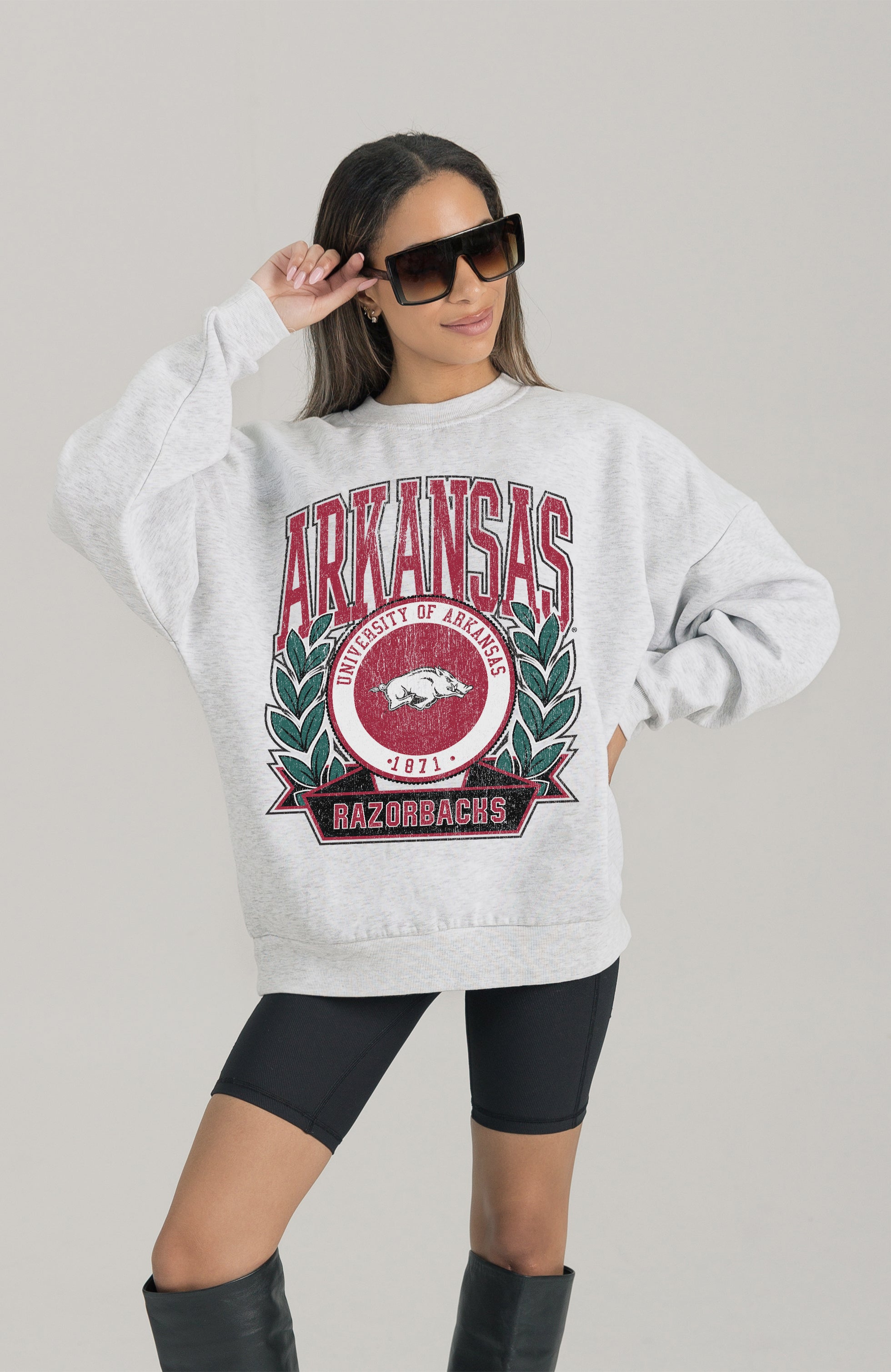 ARKANSAS RAZORBACKS HERITAGE PREMIUM FLEECE DROP SHOULDER CREWNECK PULLOVER