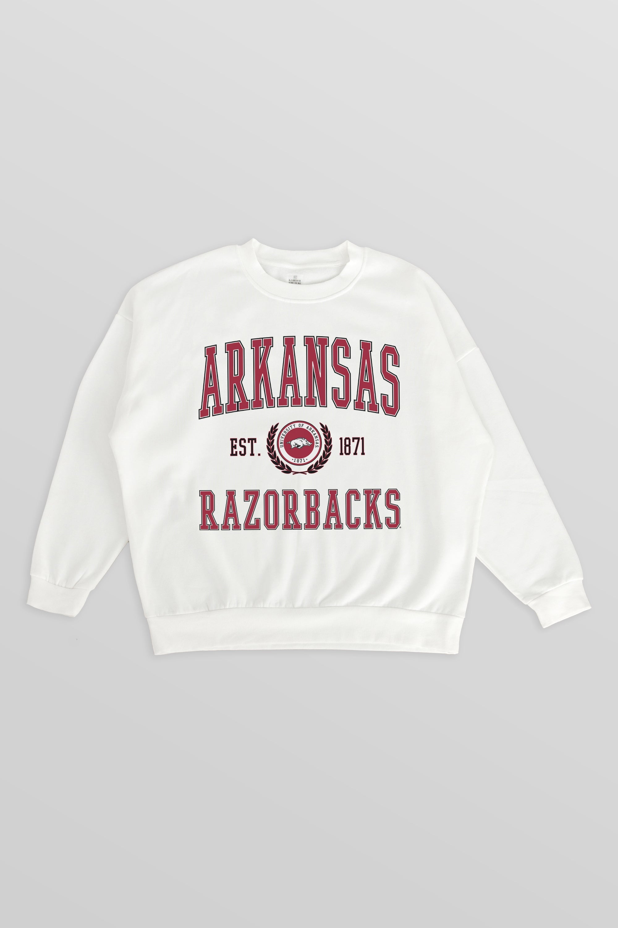 ARKANSAS RAZORBACKS TIMELESS TRIUMPH PREMIUM FLEECE DROP SHOULDER CREWNECK PULLOVER