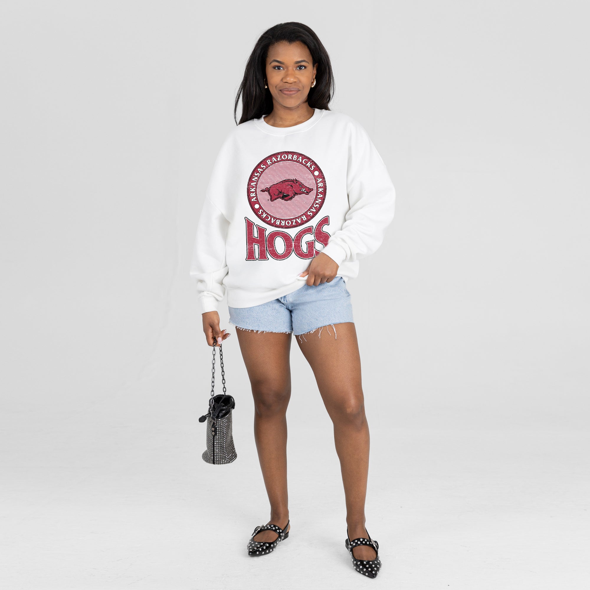 ARKANSAS RAZORBACKS ENDZONE PREMIUM FLEECE DROP SHOULDER CREWNECK PULLOVER