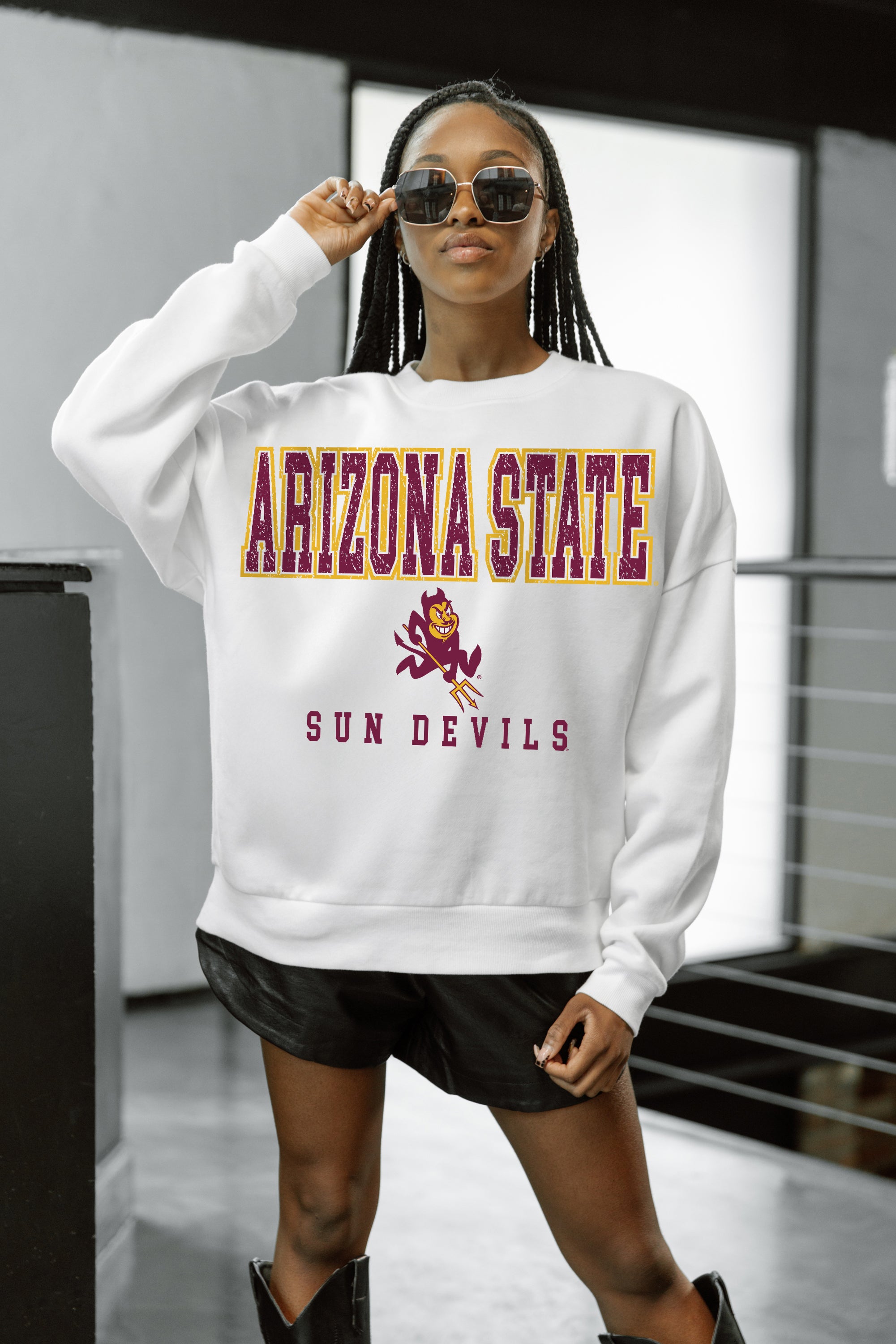 White Arizona State Sun Devils Premium Fleece Pullover - On Model Front View | Gameday Couture - SOHO