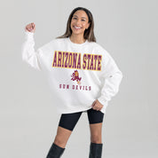 White Arizona State Sun Devils Premium Fleece Pullover - On Model Studio Front | Gameday Couture - SOHO