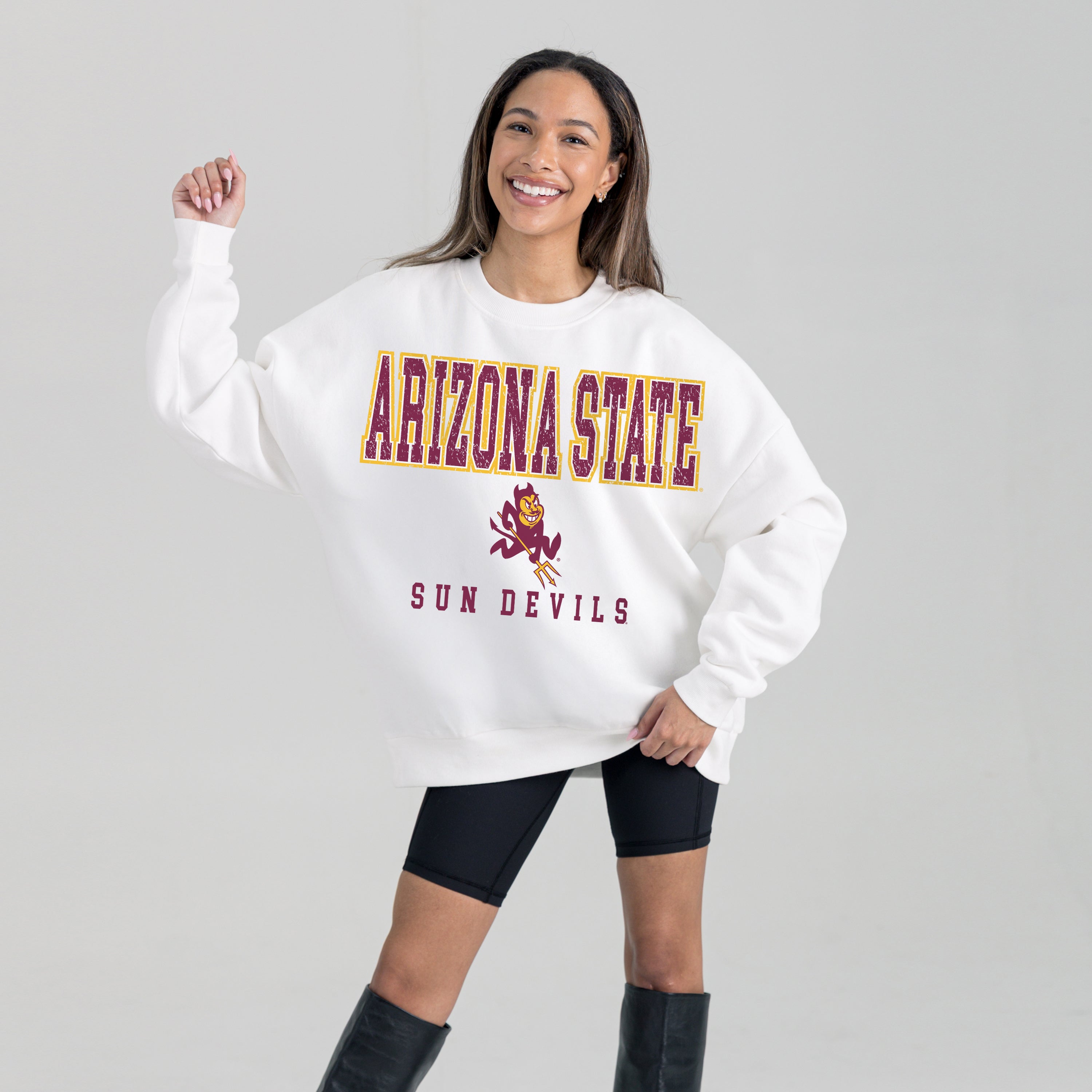 White Arizona State Sun Devils Premium Fleece Pullover - On Model Studio Front | Gameday Couture - SOHO