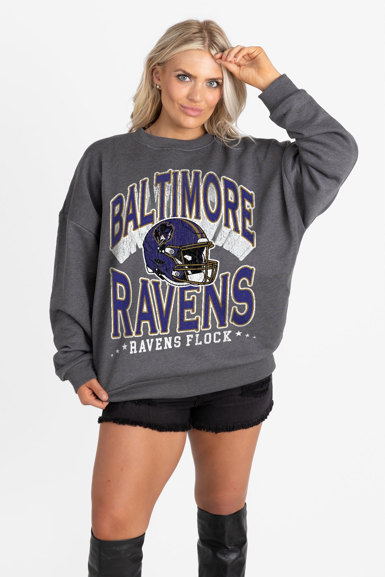 BALTIMORE RAVENS STAY COOL PREMIUM FLEECE CREWNECK PULLOVER BY RANDI MAHOMES