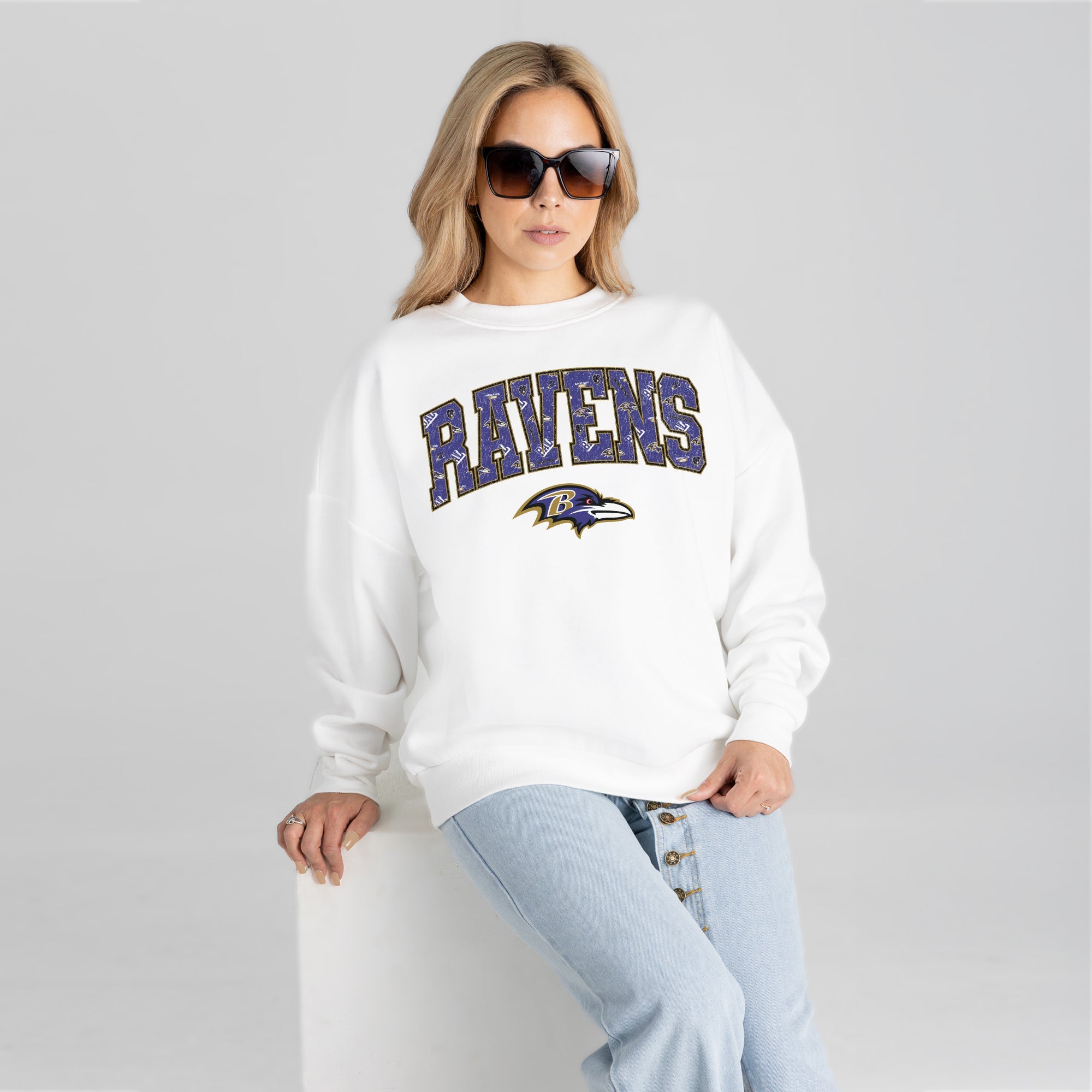 BALTIMORE RAVENS SWEET PLAY PREMIUM FLEECE DROP SHOULDER CREWNECK PULLOVER