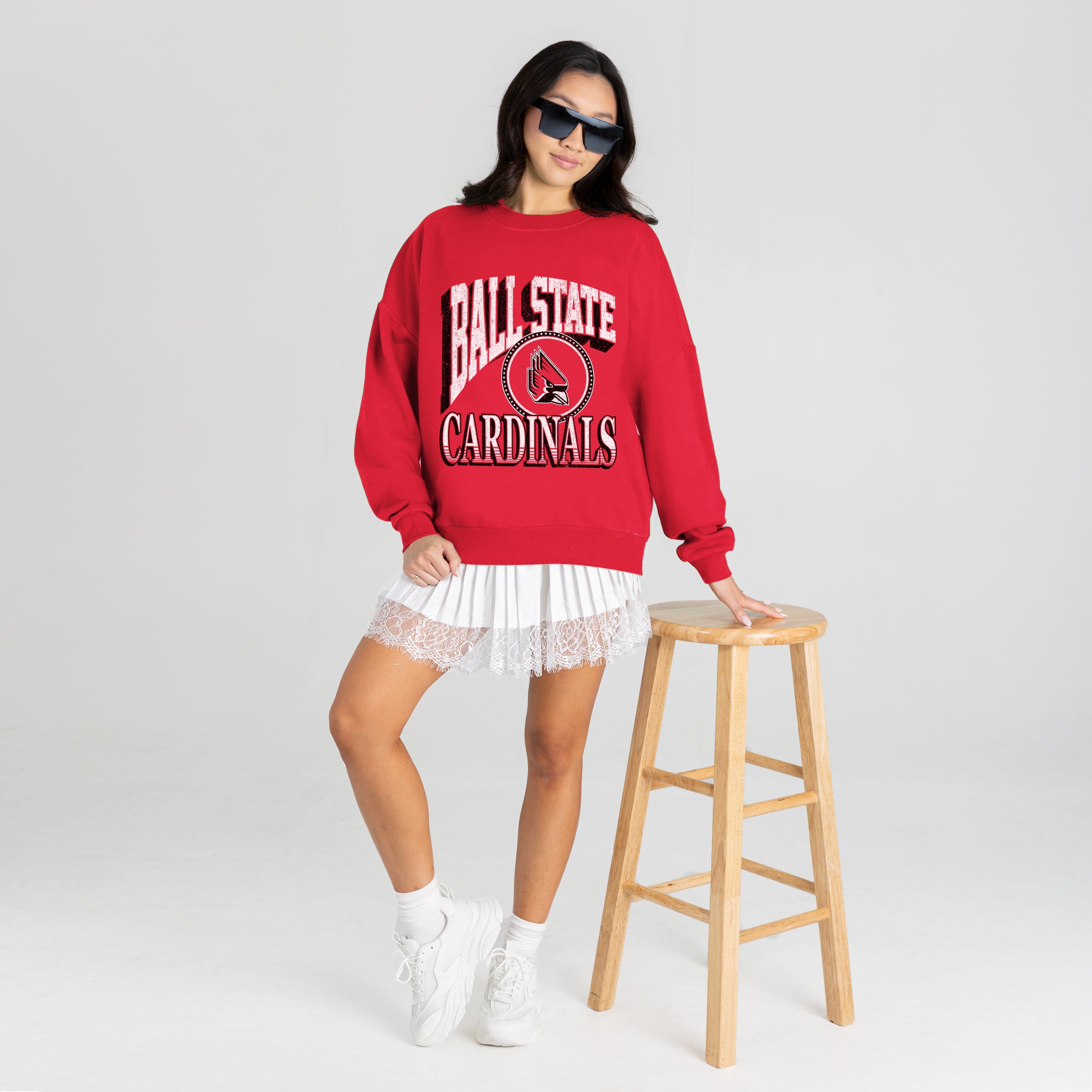 BALL STATE CARDINALS MAIN CHARACTER PREMIUM FLEECE DROP SHOULDER CREWNECK PULLOVER