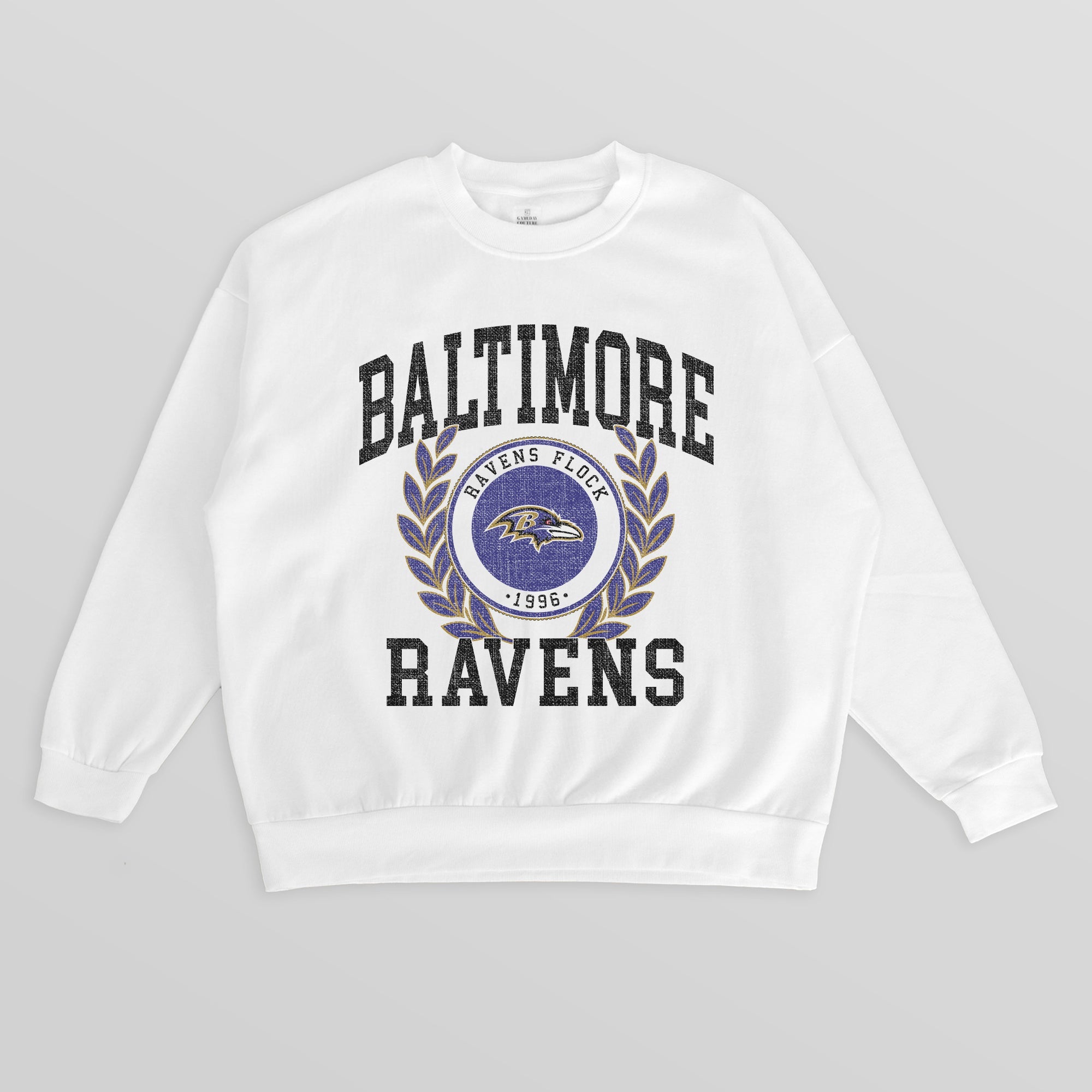 BALTIMORE RAVENS GOLD STANDARD PREMIUM FLEECE DROP SHOULDER CREWNECK PULLOVER