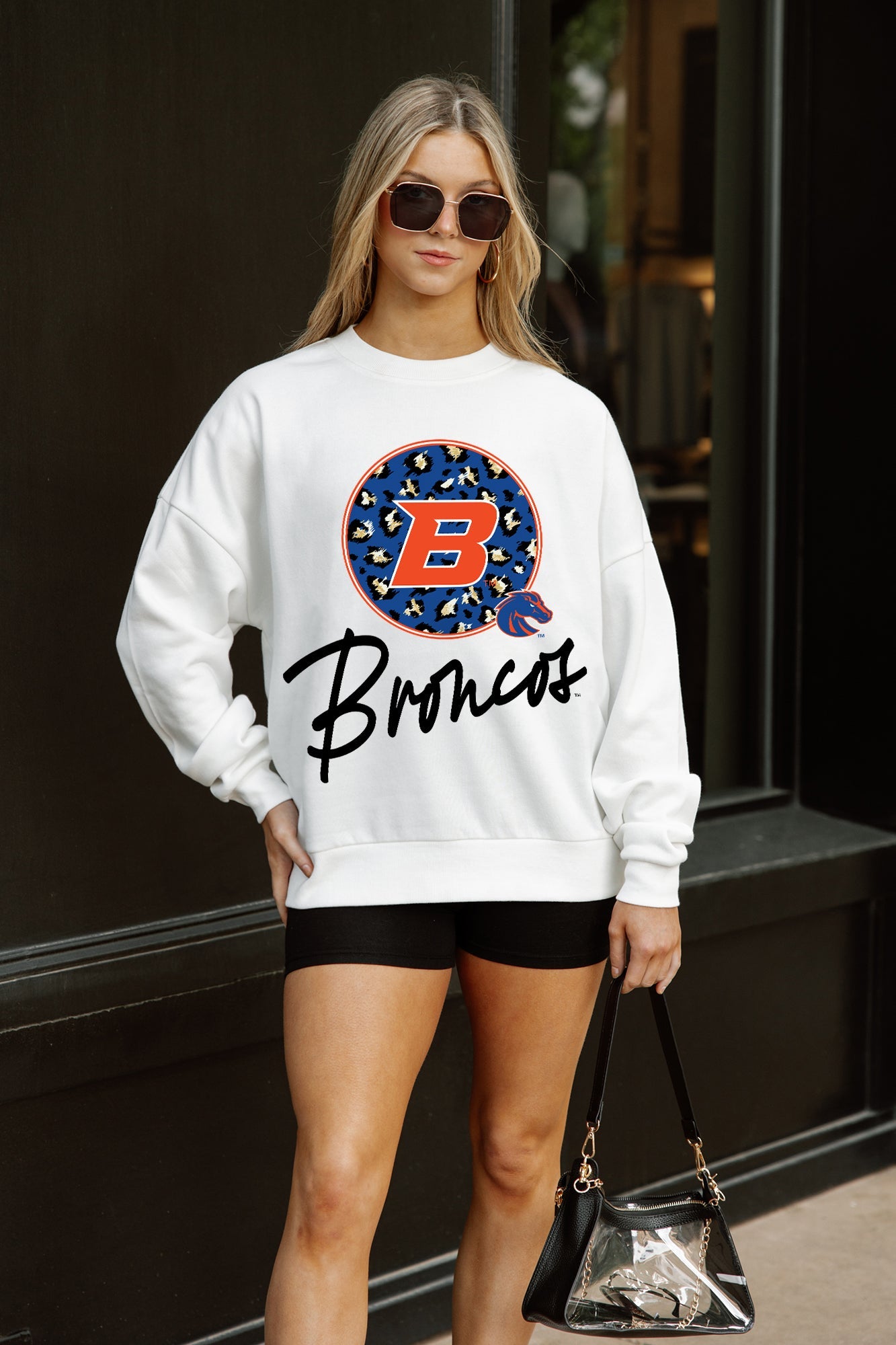 White Boise State Broncos Wild Breakthrough Fleece Crewneck Pullover - On Model Street Style | Gameday Couture - SOHO