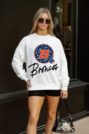White Boise State Broncos Wild Breakthrough Fleece Crewneck Pullover - On Model Street Style | Gameday Couture - SOHO