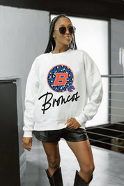 White Boise State Broncos Oversized Fleece Crewneck Pullover - Front View with Leopard Logo | Gameday Couture - SOHO