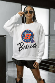 White Boise State Broncos Wild Breakthrough Fleece Crewneck - On Model Front Close-Up | Gameday Couture - SOHO