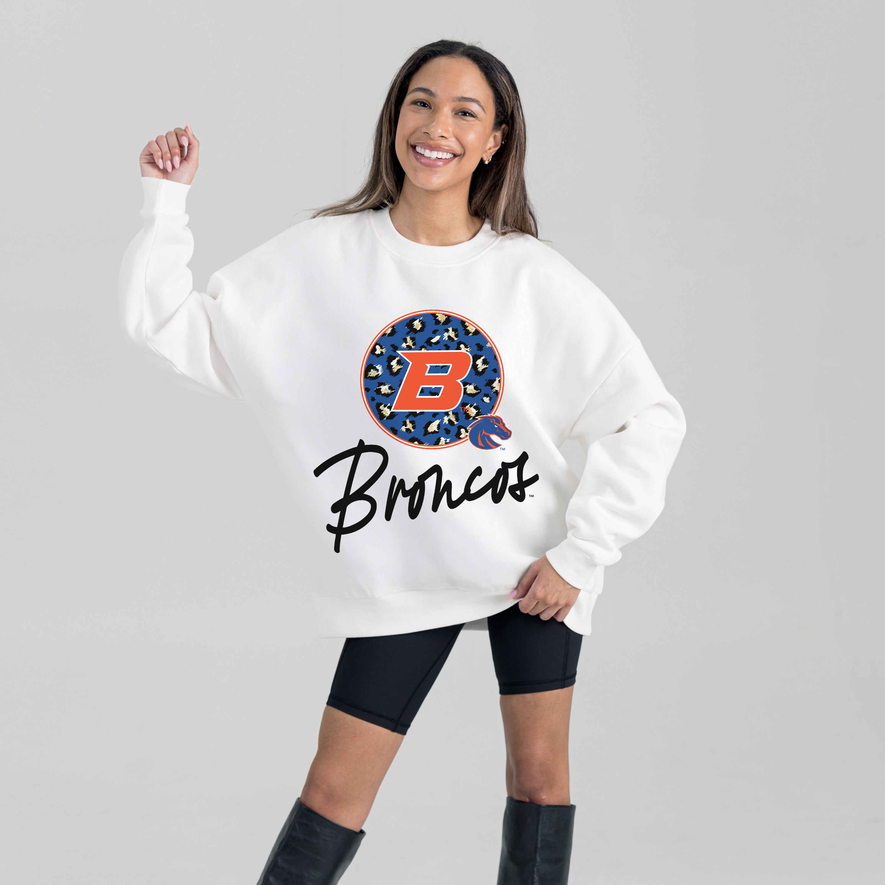 White Boise State Broncos Premium Fleece Crewneck Pullover - Full Body Studio Shot | Gameday Couture - SOHO
