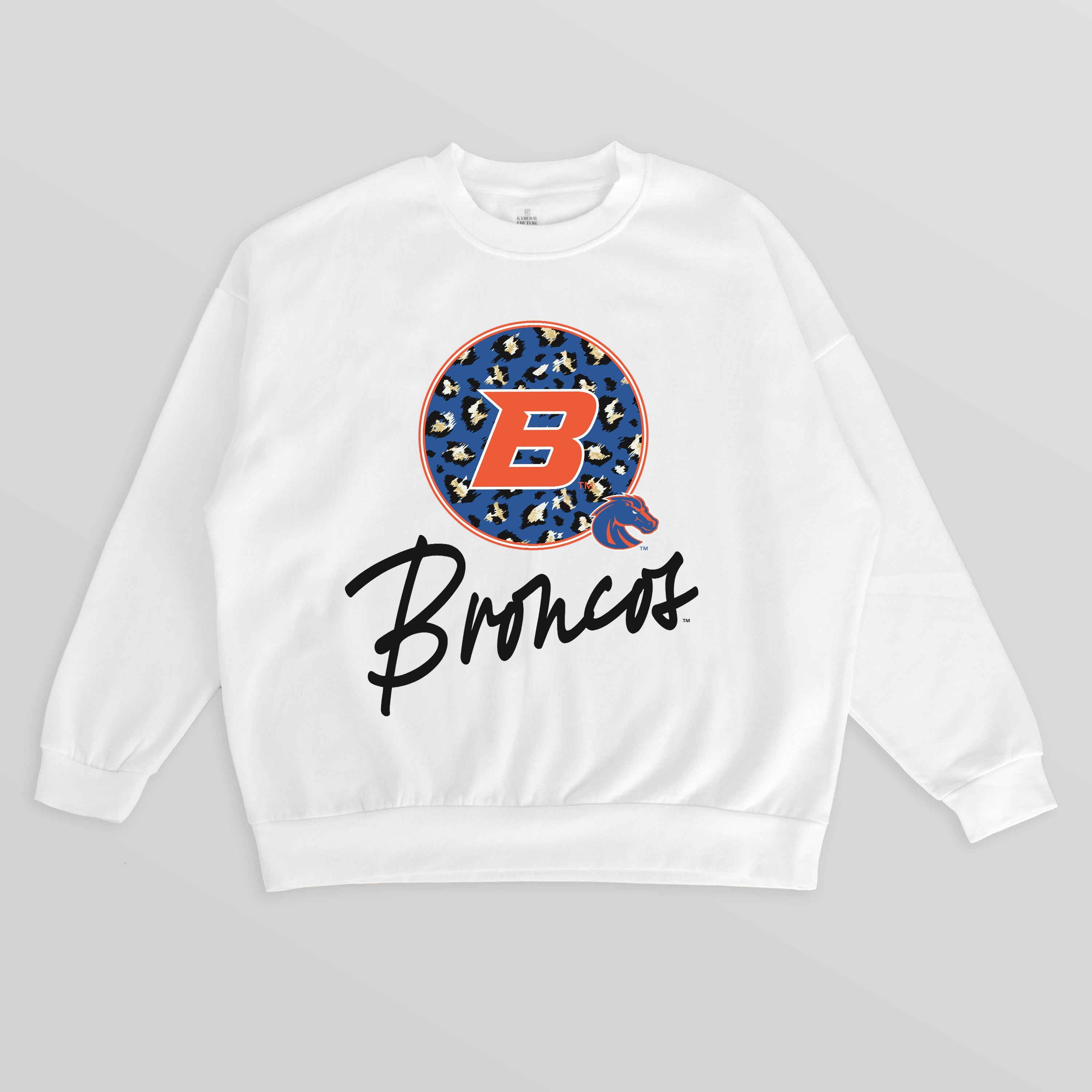 White Boise State Broncos Wild Breakthrough Fleece Crewneck Pullover - Flat Lay Front Detail | Gameday Couture - SOHO