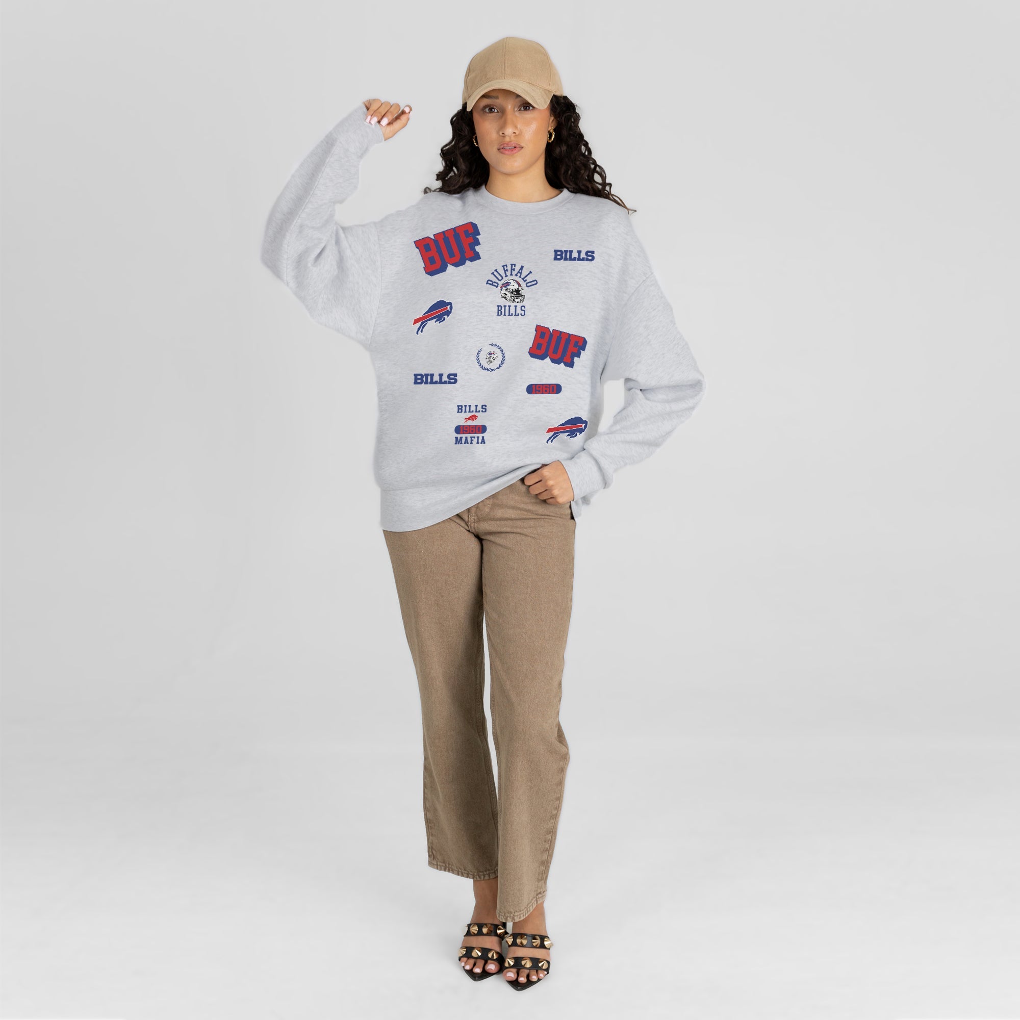 BUFFALO BILLS ALL IN REPEAT PREMIUM FLEECE DROP SHOULDER CREWNECK PULLOVER