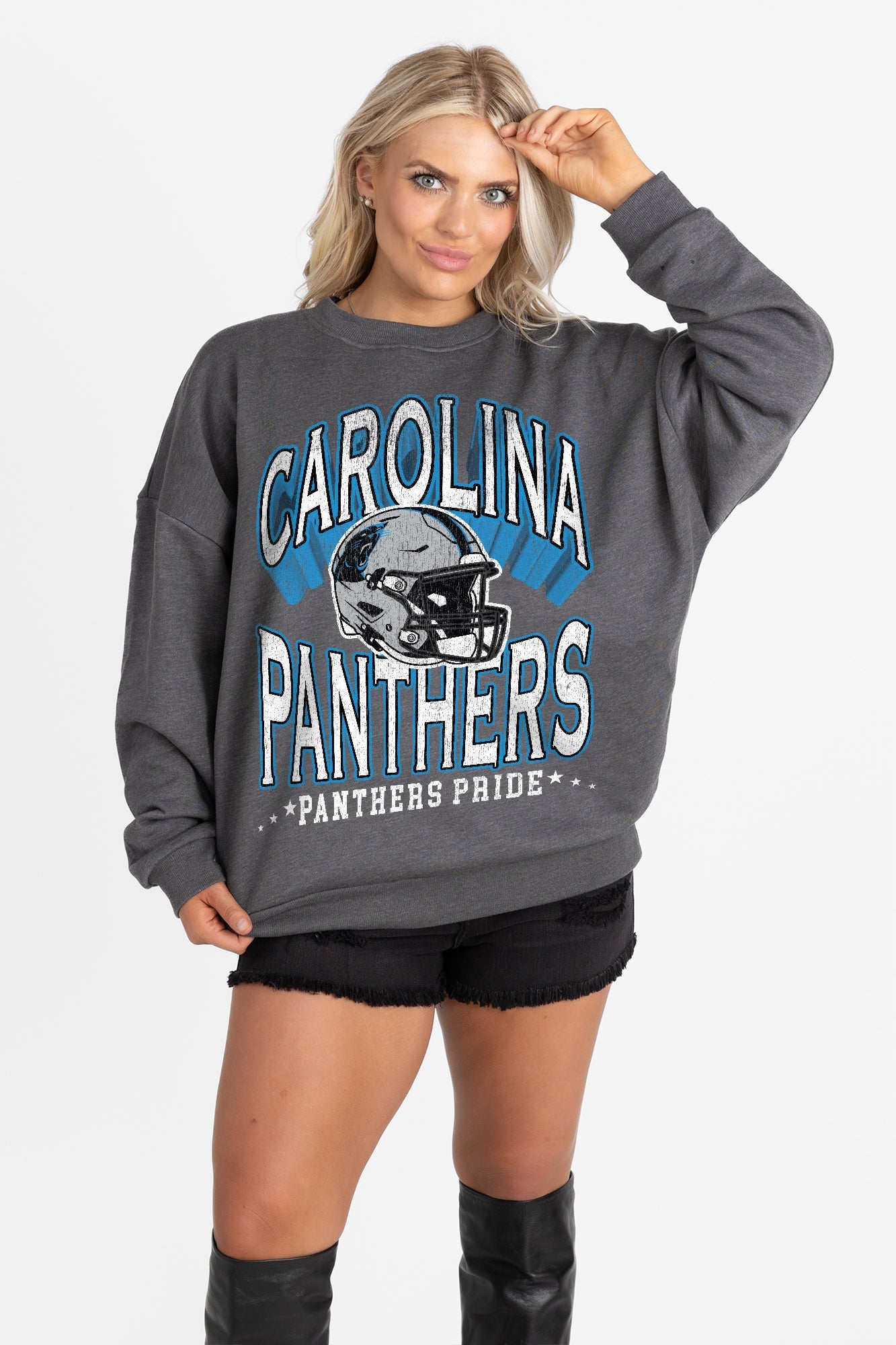 CAROLINA PANTHERS STAY COOL PREMIUM FLEECE CREWNECK PULLOVER BY RANDI MAHOMES