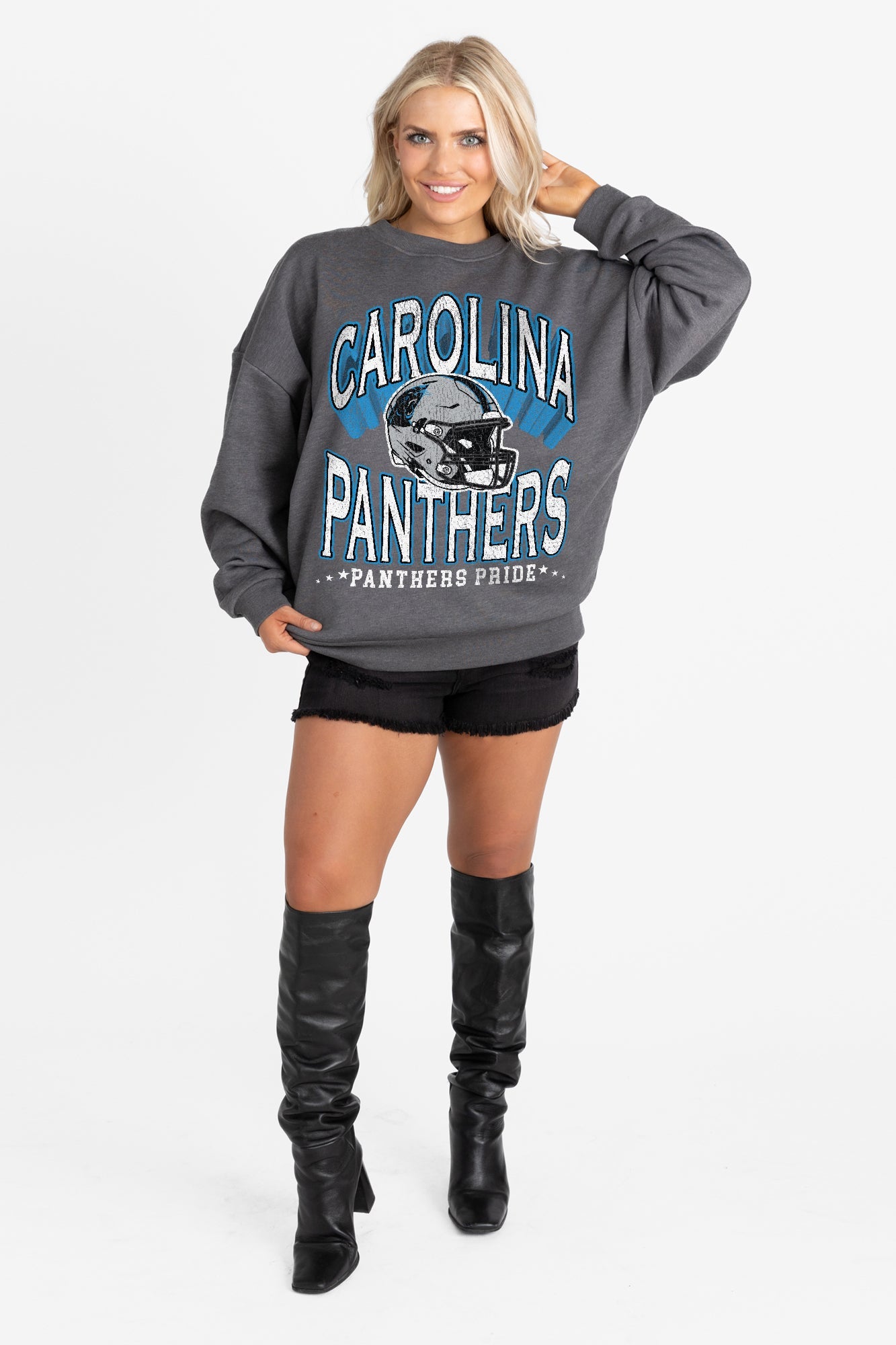 CAROLINA PANTHERS STAY COOL PREMIUM FLEECE CREWNECK PULLOVER BY RANDI MAHOMES