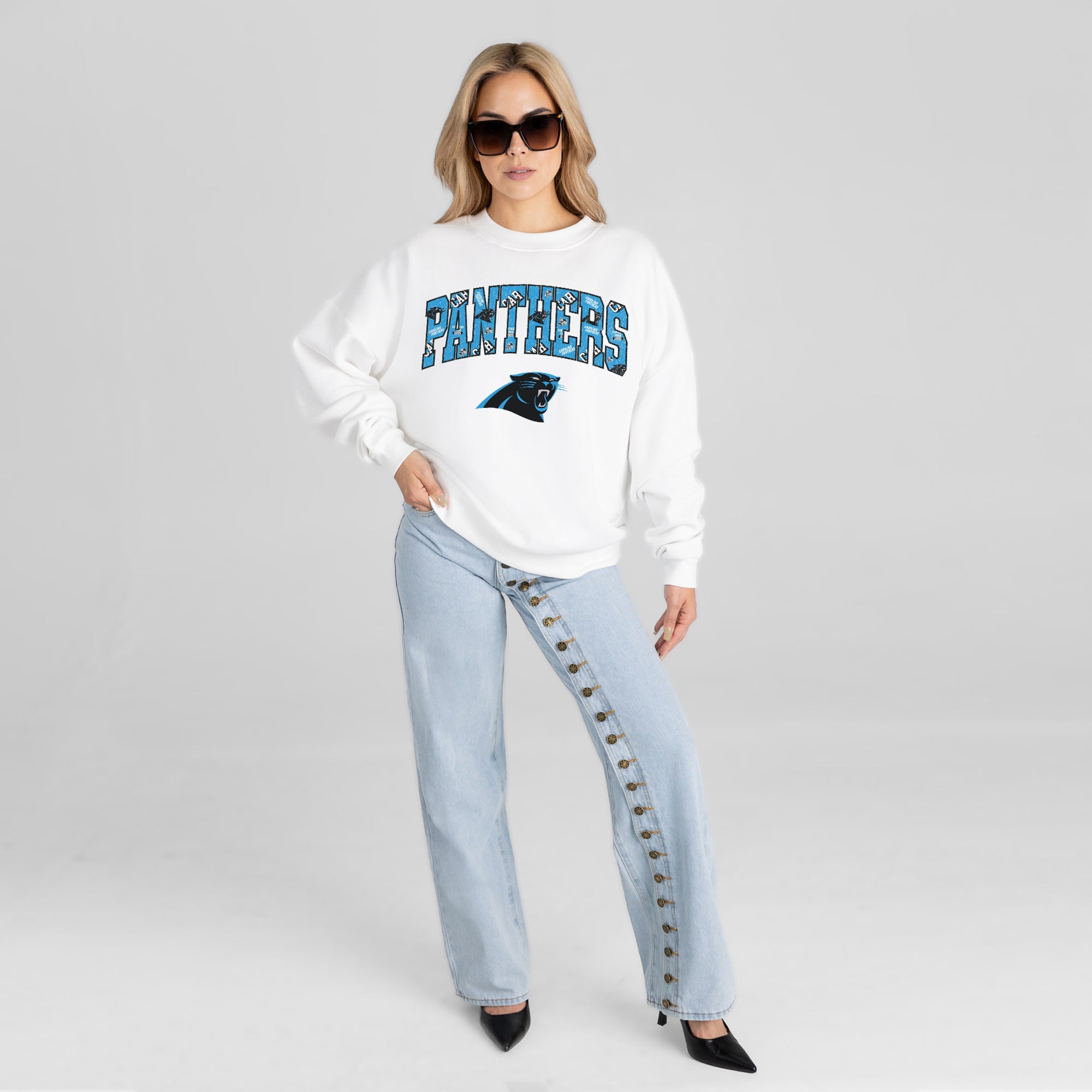 CAROLINA PANTHERS SWEET PLAY PREMIUM FLEECE DROP SHOULDER CREWNECK PULLOVER