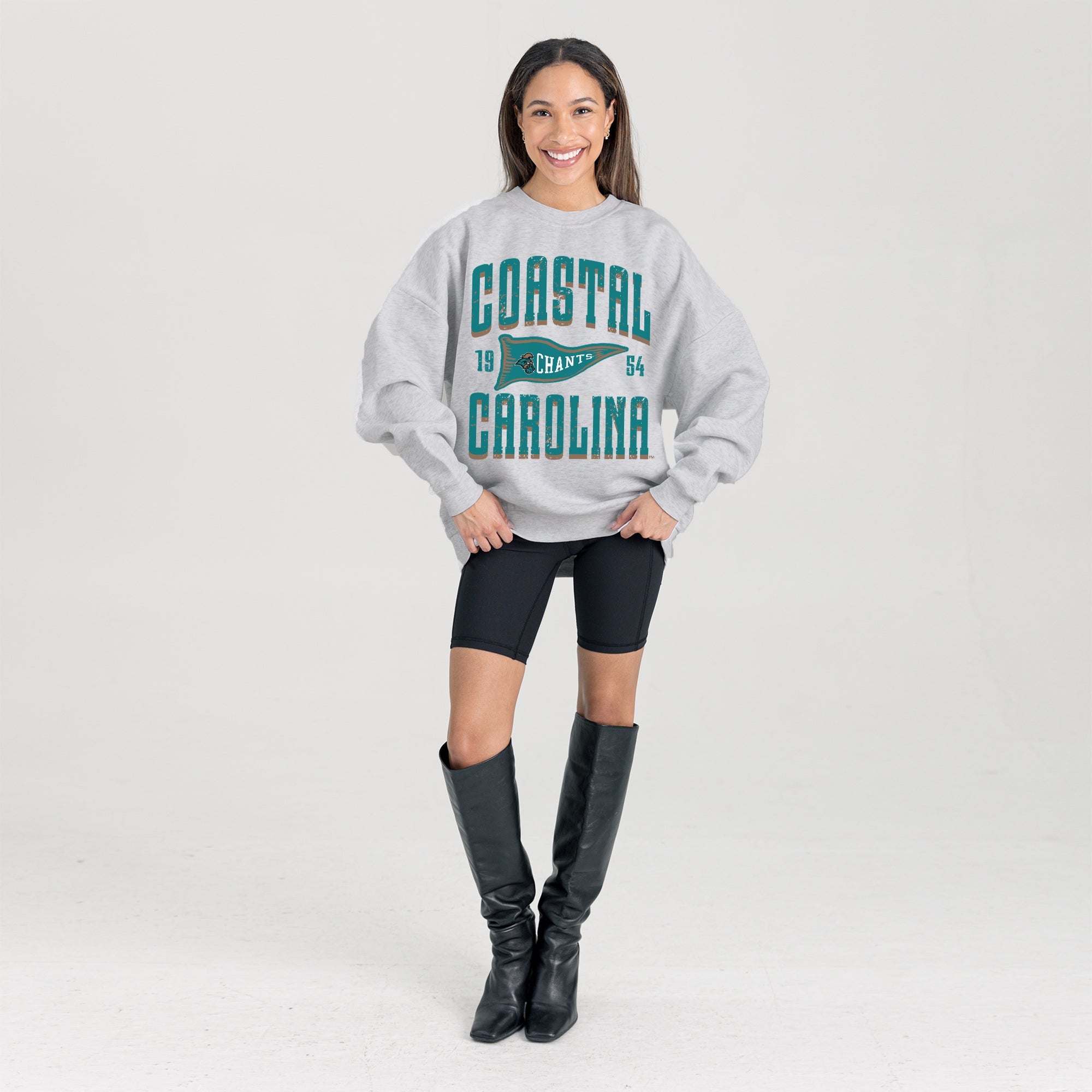 COASTAL CAROLINA CHANTICLEERS PENNANT PRIDE PREMIUM FLEECE DROP SHOULDER CREWNECK PULLOVER