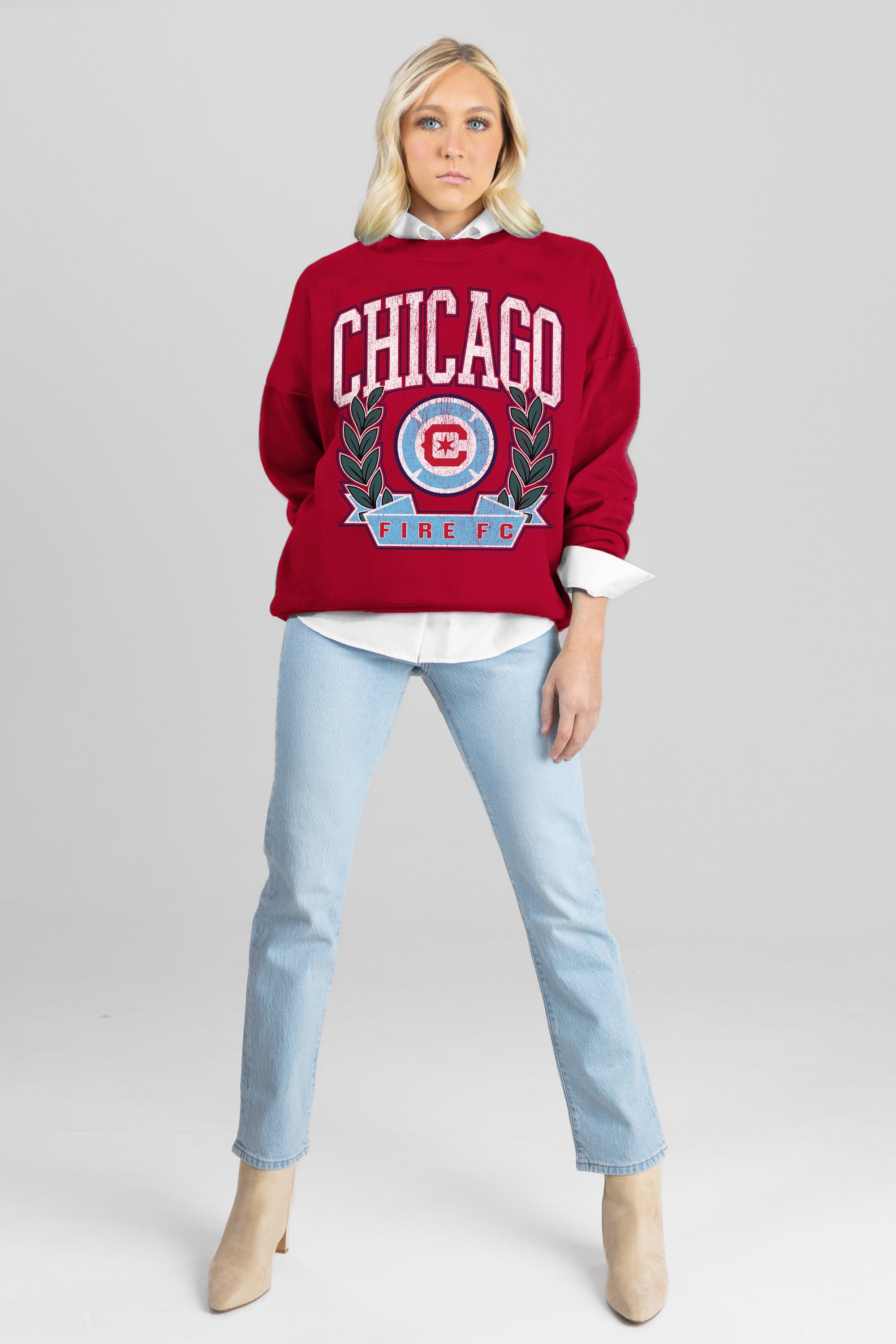 CHICAGO FIRE FC CLASSIC ARCHIVES PREMIUM FLEECE DROP SHOULDER CREWNECK PULLOVER