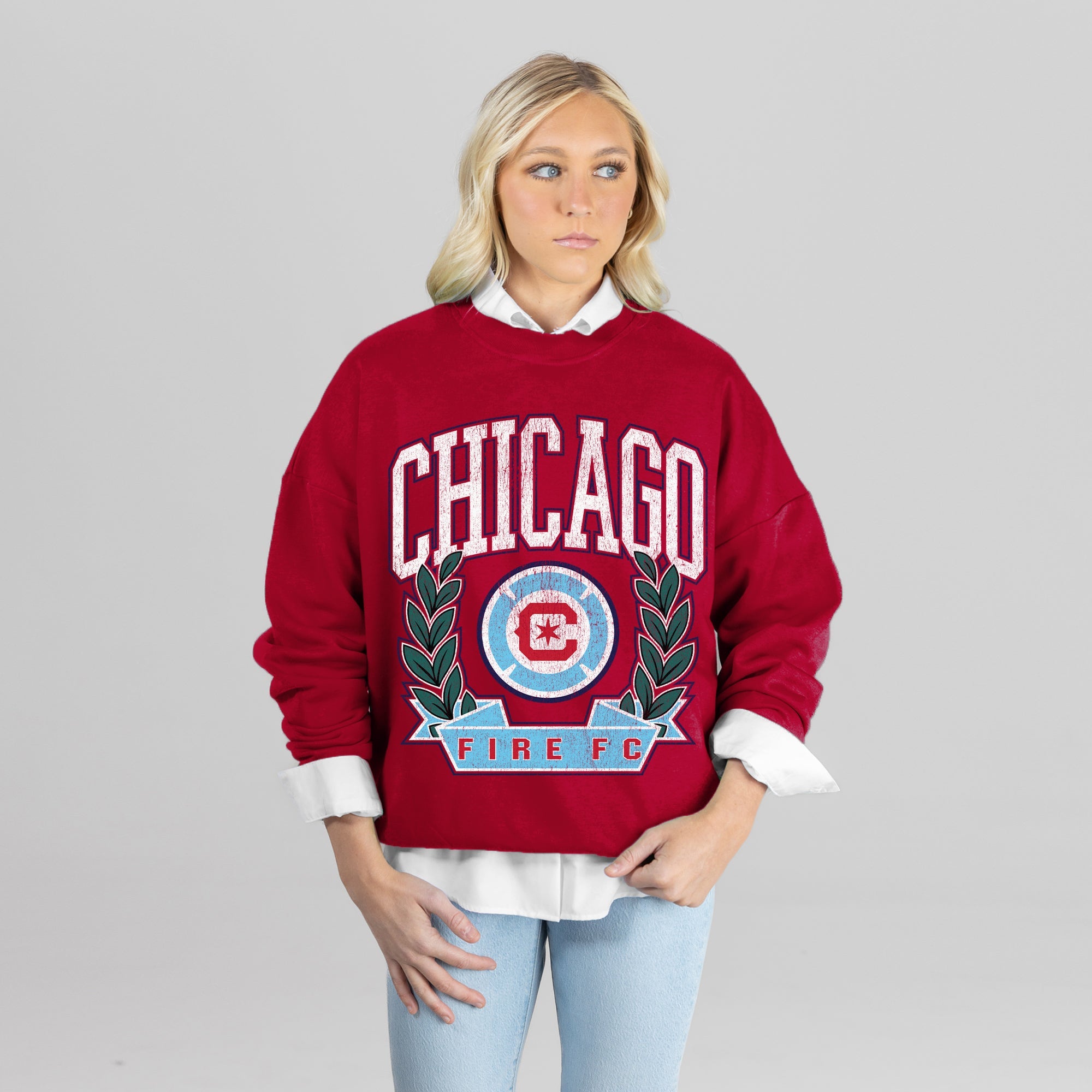 CHICAGO FIRE FC CLASSIC ARCHIVES PREMIUM FLEECE DROP SHOULDER CREWNECK PULLOVER