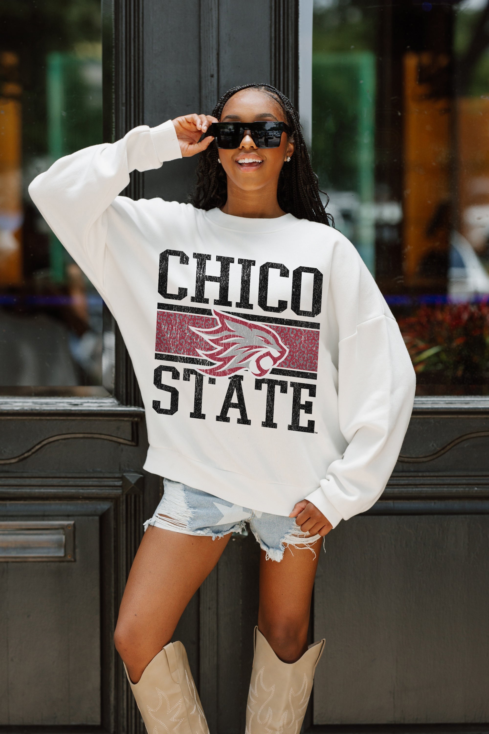 CHICO STATE WILDCATS FAIR CATCH PREMIUM FLEECE DROP SHOULDER CREWNECK PULLOVER