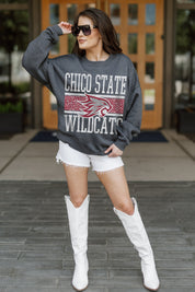 CHICO STATE WILDCATS WILD TAILGATE PREMIUM FLEECE DROP SHOULDER CREWNECK PULLOVER