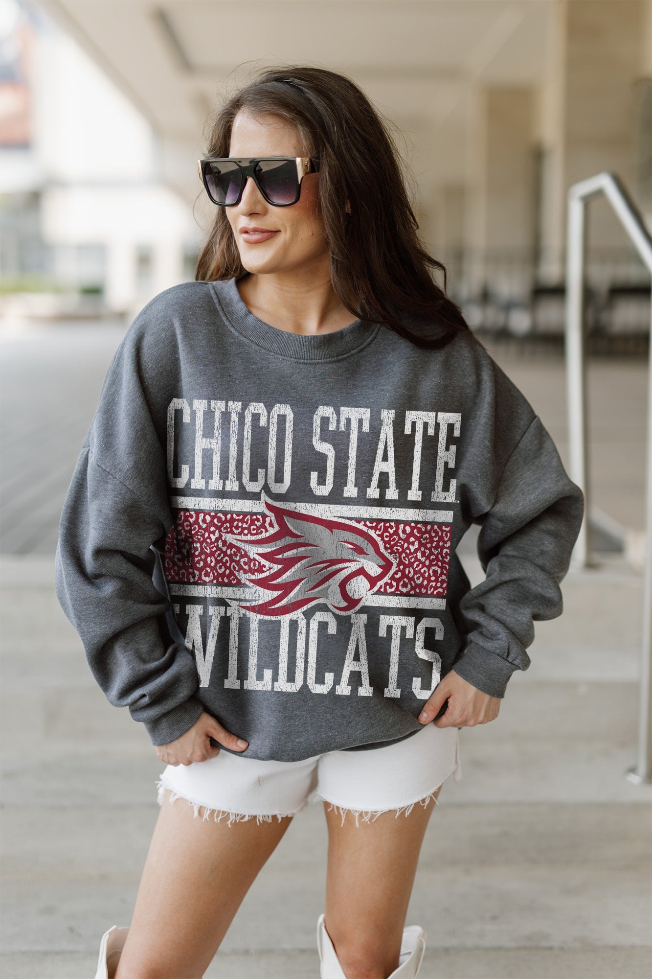 CHICO STATE WILDCATS WILD TAILGATE PREMIUM FLEECE DROP SHOULDER CREWNECK PULLOVER
