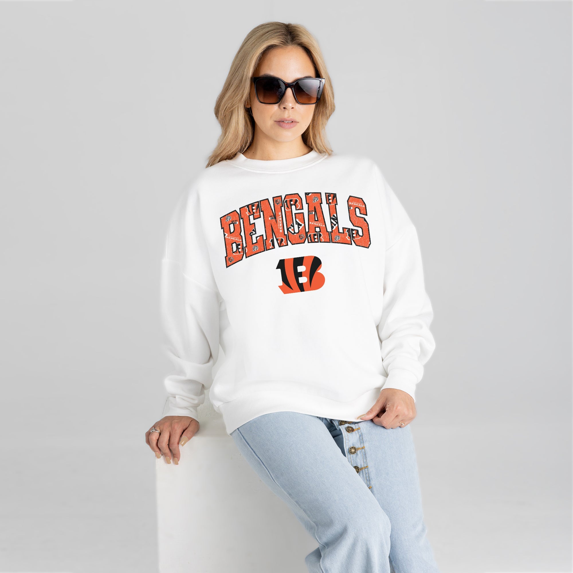 CINCINNATI BENGALS SWEET PLAY PREMIUM FLEECE DROP SHOULDER CREWNECK PULLOVER